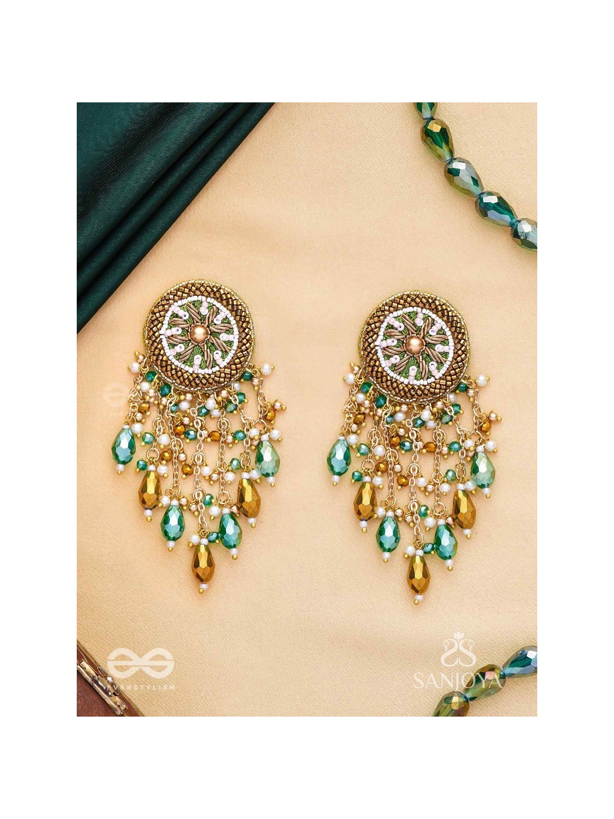 Varsham - The Captivating Rainfall - Cutdana, Dabka, Beads And Glass Drops Hand Embroidered Earrings