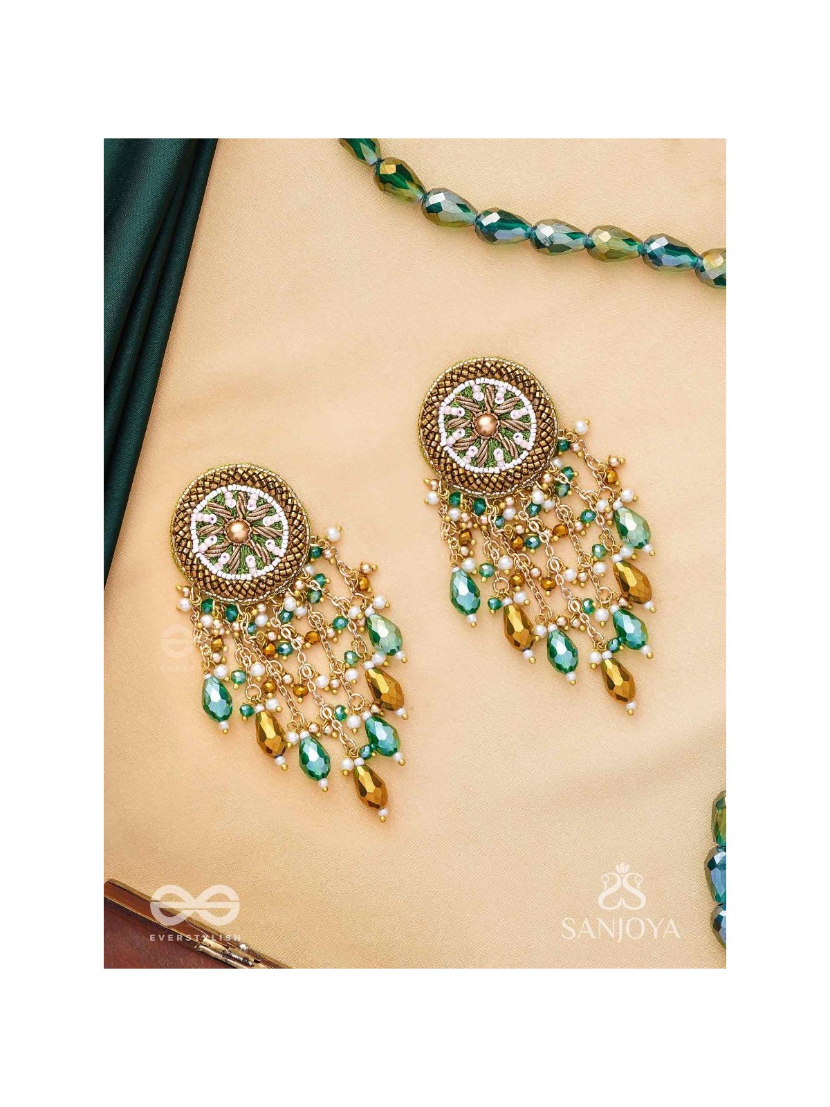Varsham - The Captivating Rainfall - Cutdana, Dabka, Beads And Glass Drops Hand Embroidered Earrings