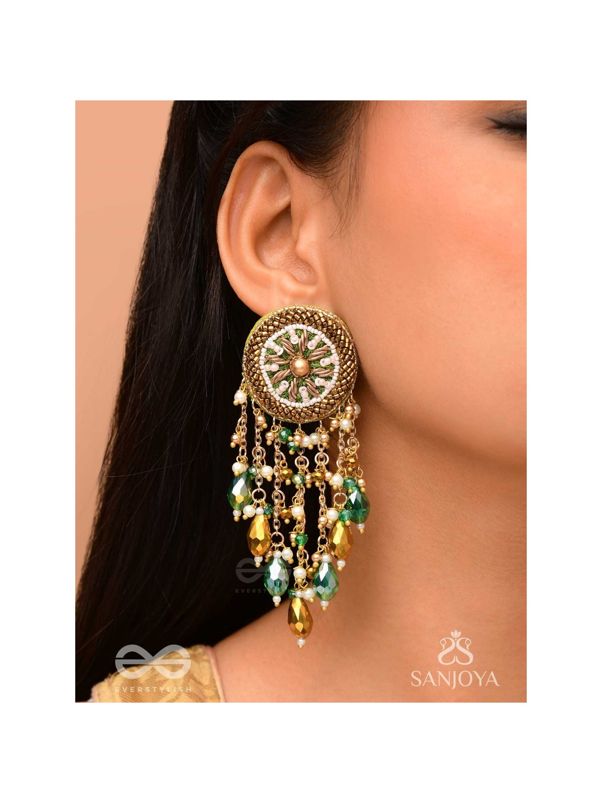 Varsham - The Captivating Rainfall - Cutdana, Dabka, Beads And Glass Drops Hand Embroidered Earrings