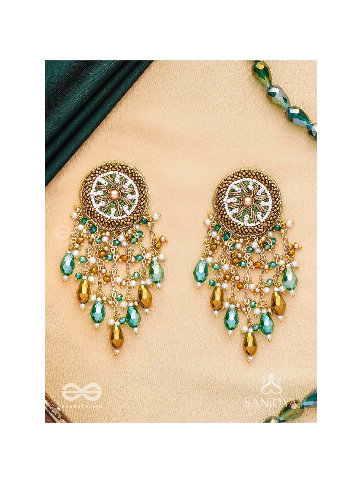 Varsham - The Captivating Rainfall - Cutdana, Dabka, Beads And Glass Drops Hand Embroidered Earrings