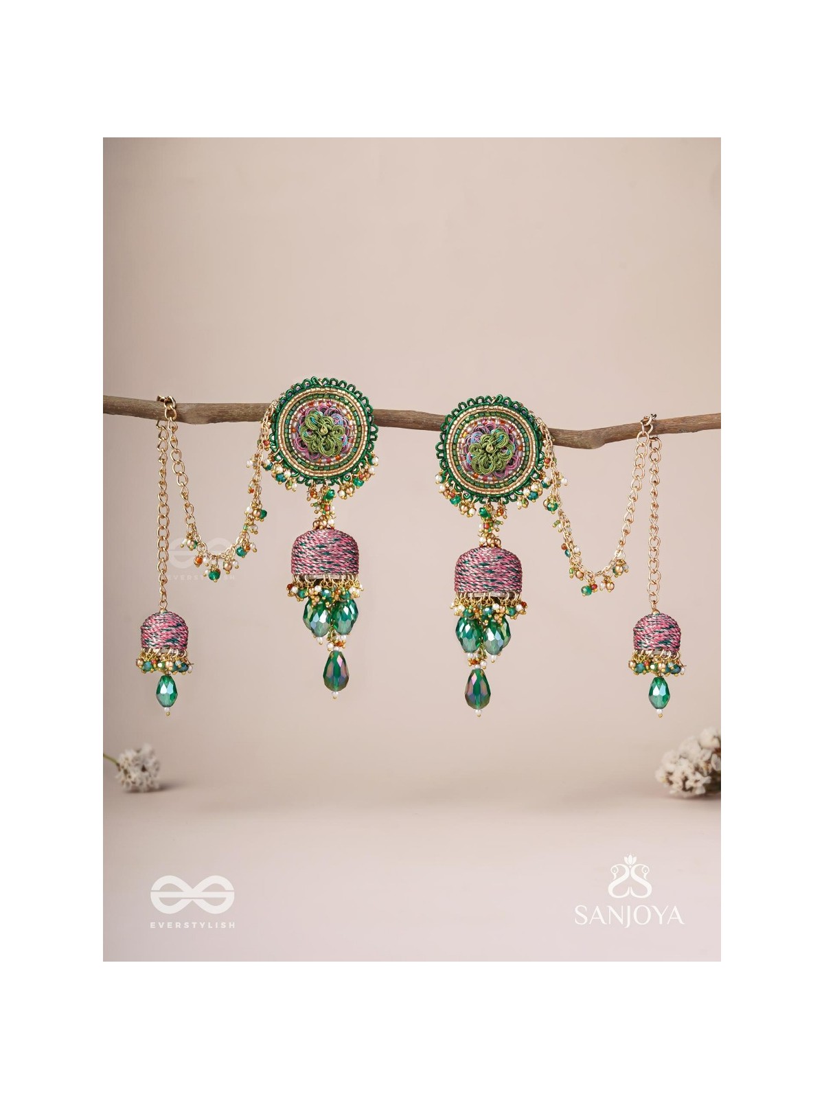 Puravati - The Vineyard Castles - Resham, Beads And Glass Drops Hand Embroidered Jhumka Chain Earrings