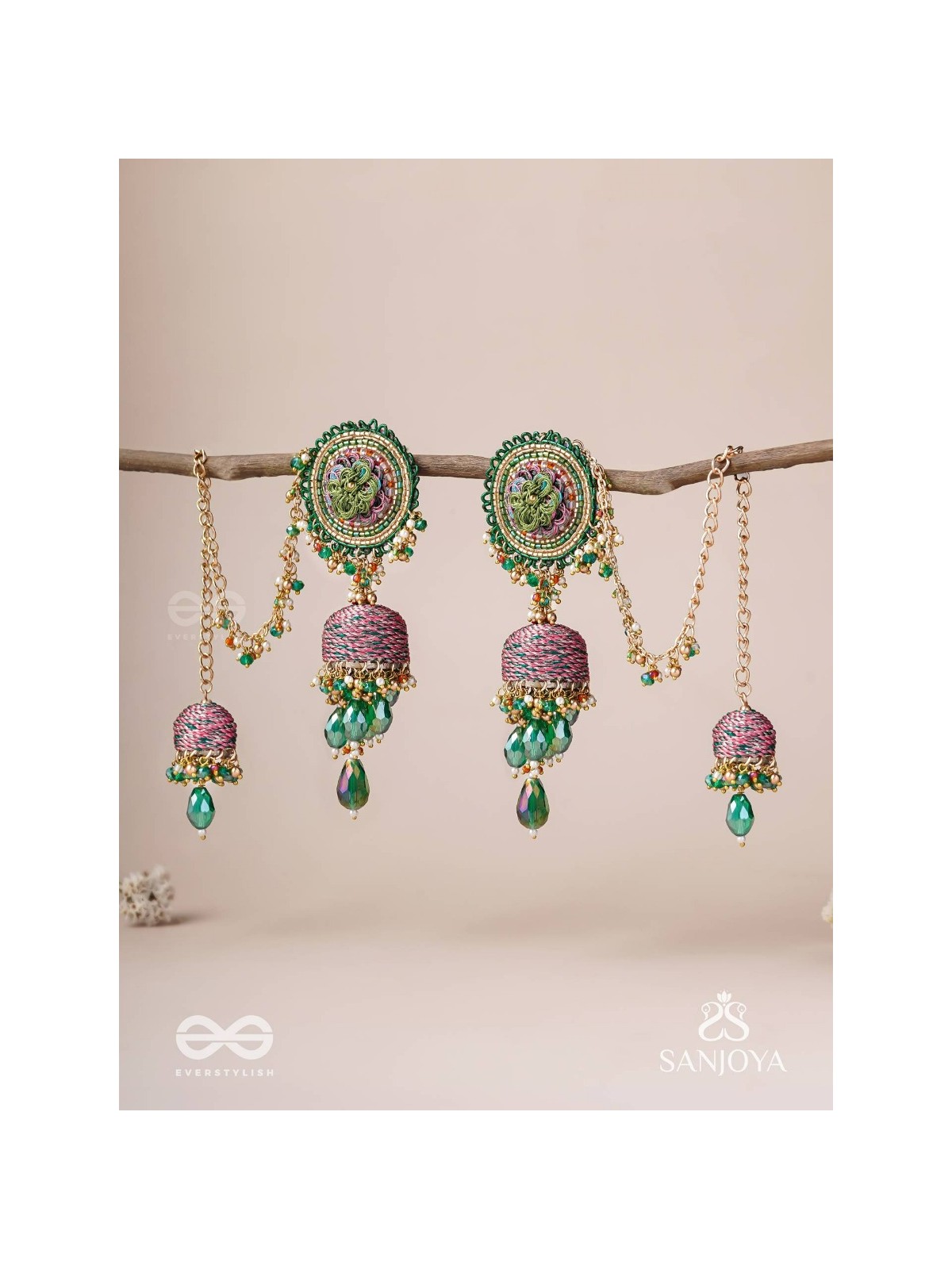 Puravati - The Vineyard Castles - Resham, Beads And Glass Drops Hand Embroidered Jhumka Chain Earrings