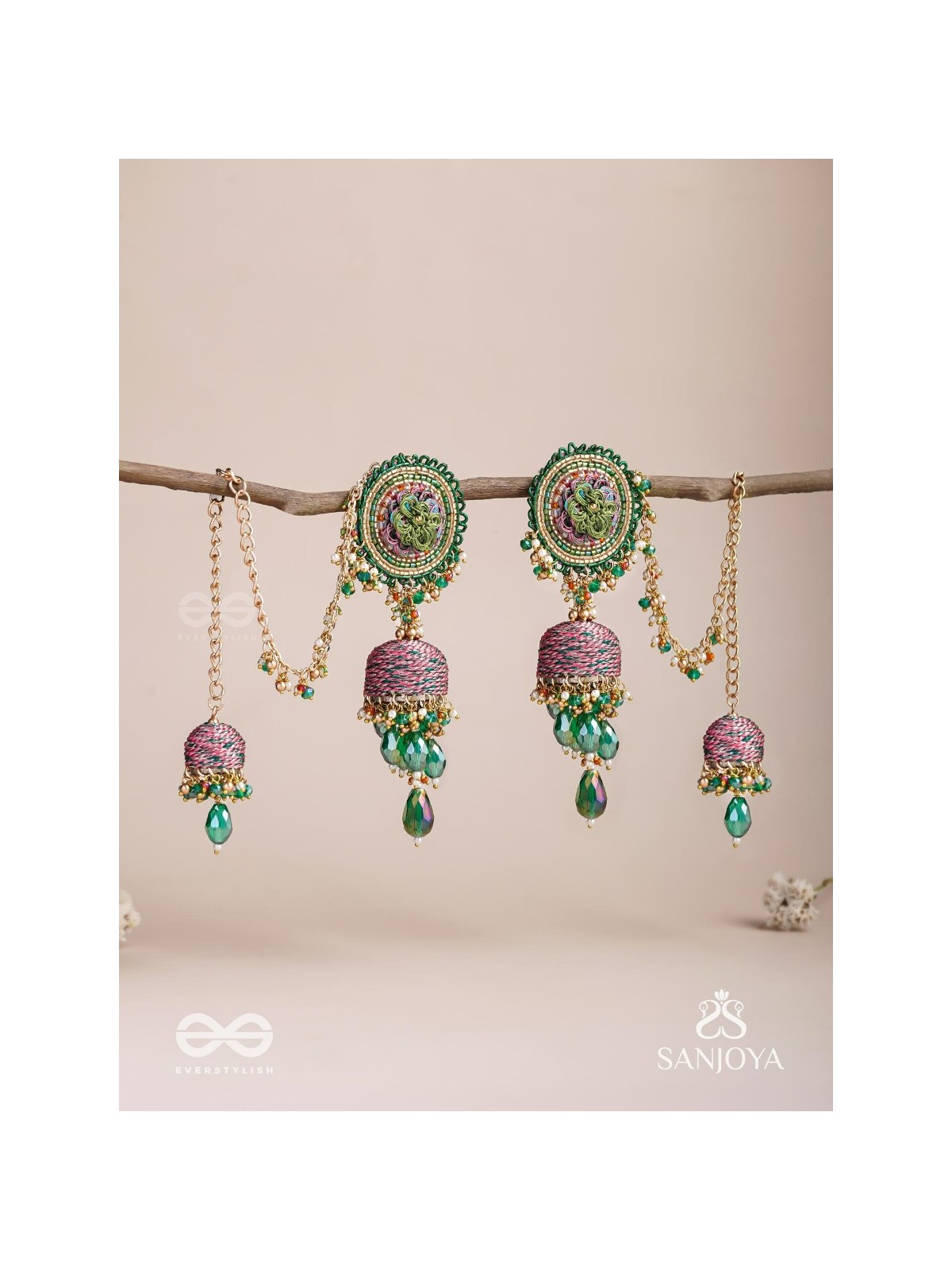 Puravati - The Vineyard Castles - Resham, Beads And Glass Drops Hand Embroidered Jhumka Chain Earrings