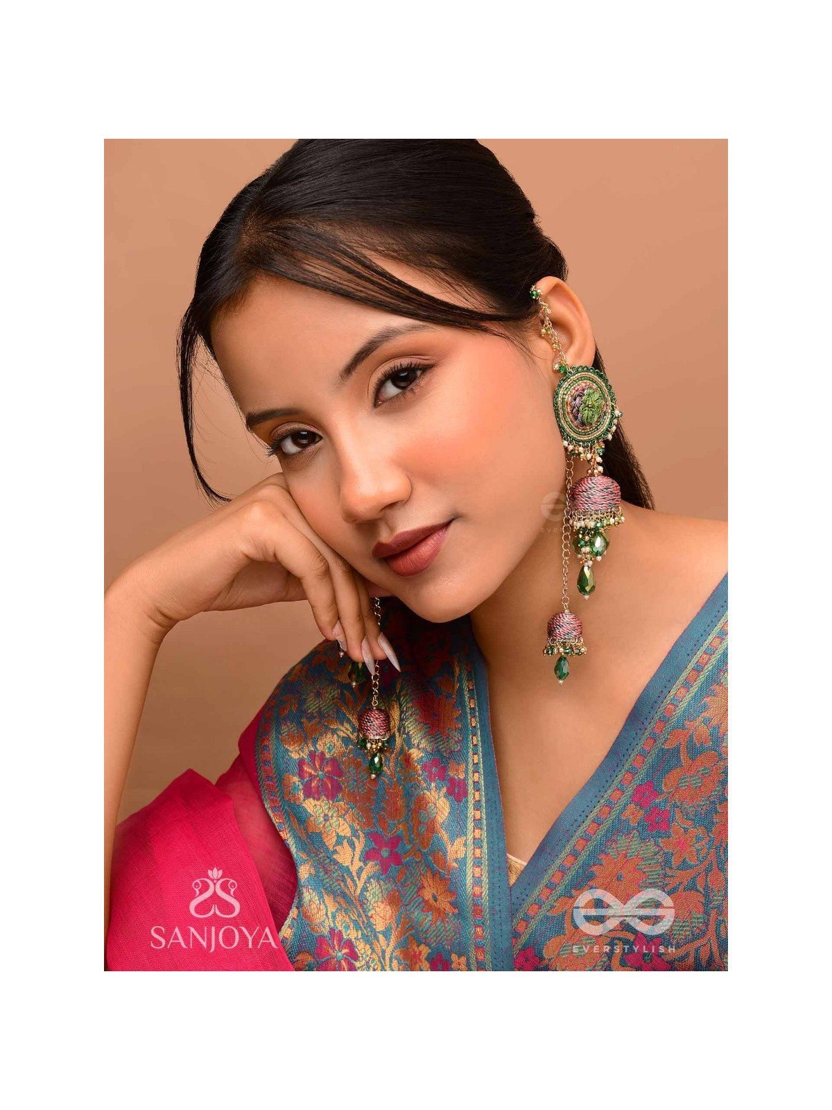 Puravati - The Vineyard Castles - Resham, Beads And Glass Drops Hand Embroidered Jhumka Chain Earrings