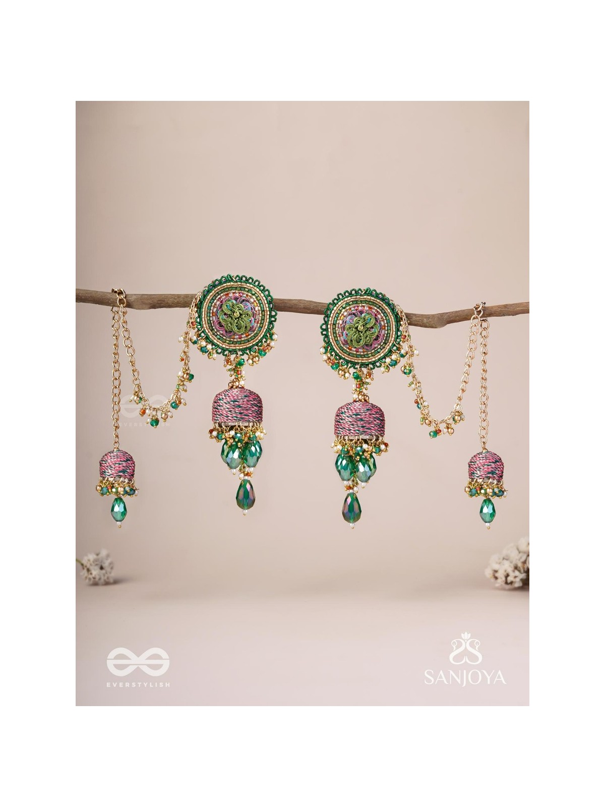 Puravati - The Vineyard Castles - Resham, Beads And Glass Drops Hand Embroidered Jhumka Chain Earrings