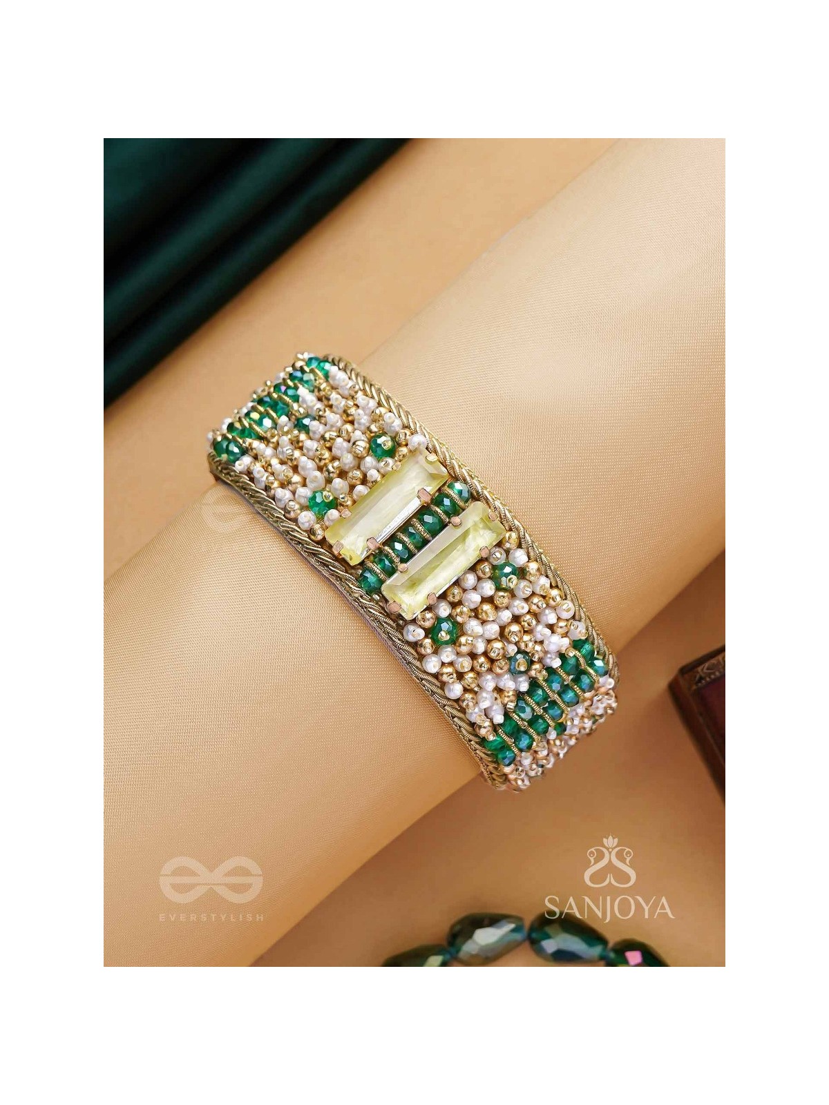 Manmaye - The Lush Luxury - Stones, Beads And Dabka Hand Embroidered Cuff Bracelet 