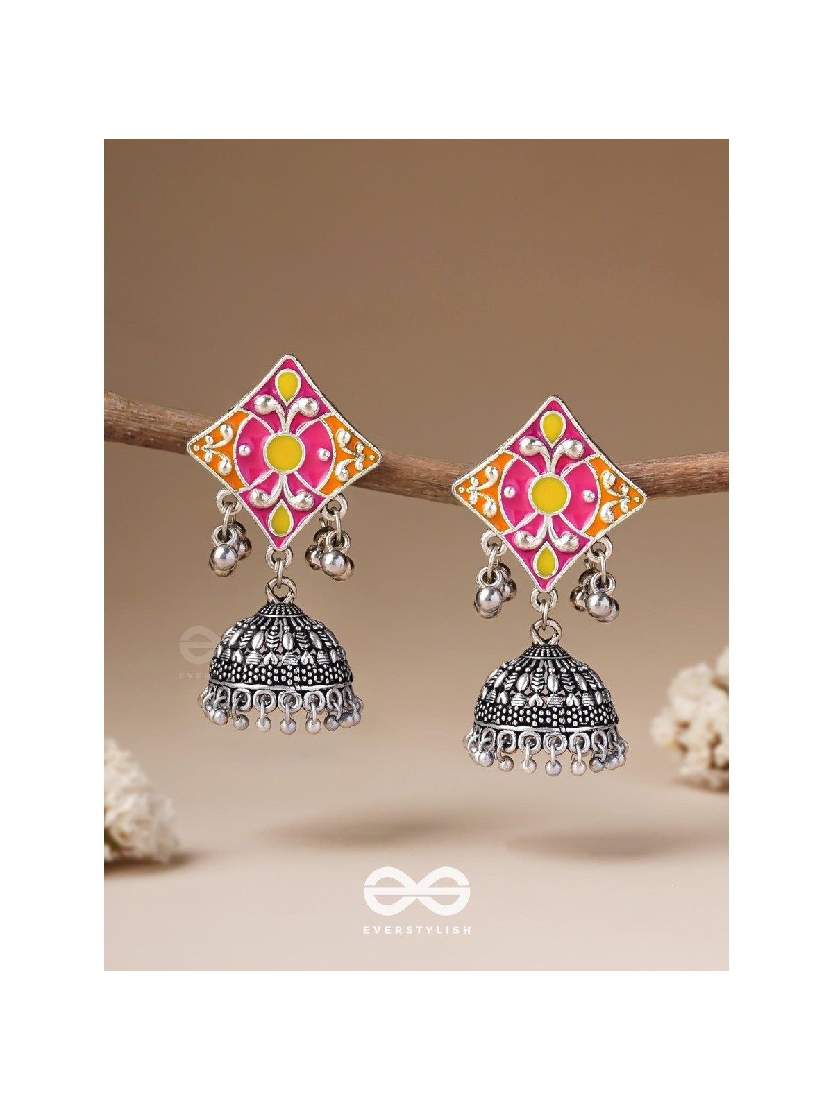 Melodies Of Twilight - Enamelled Oxidised Jhumka Earrings