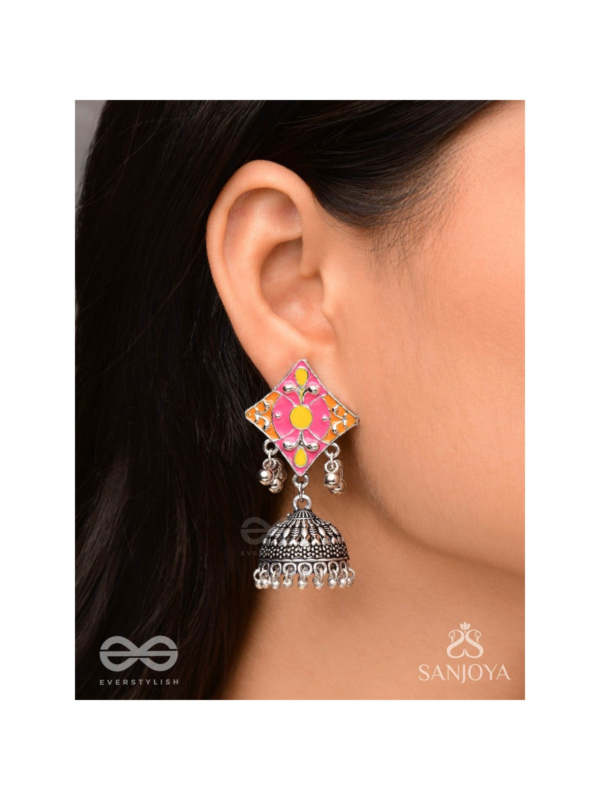 Melodies Of Twilight - Enamelled Oxidised Jhumka Earrings