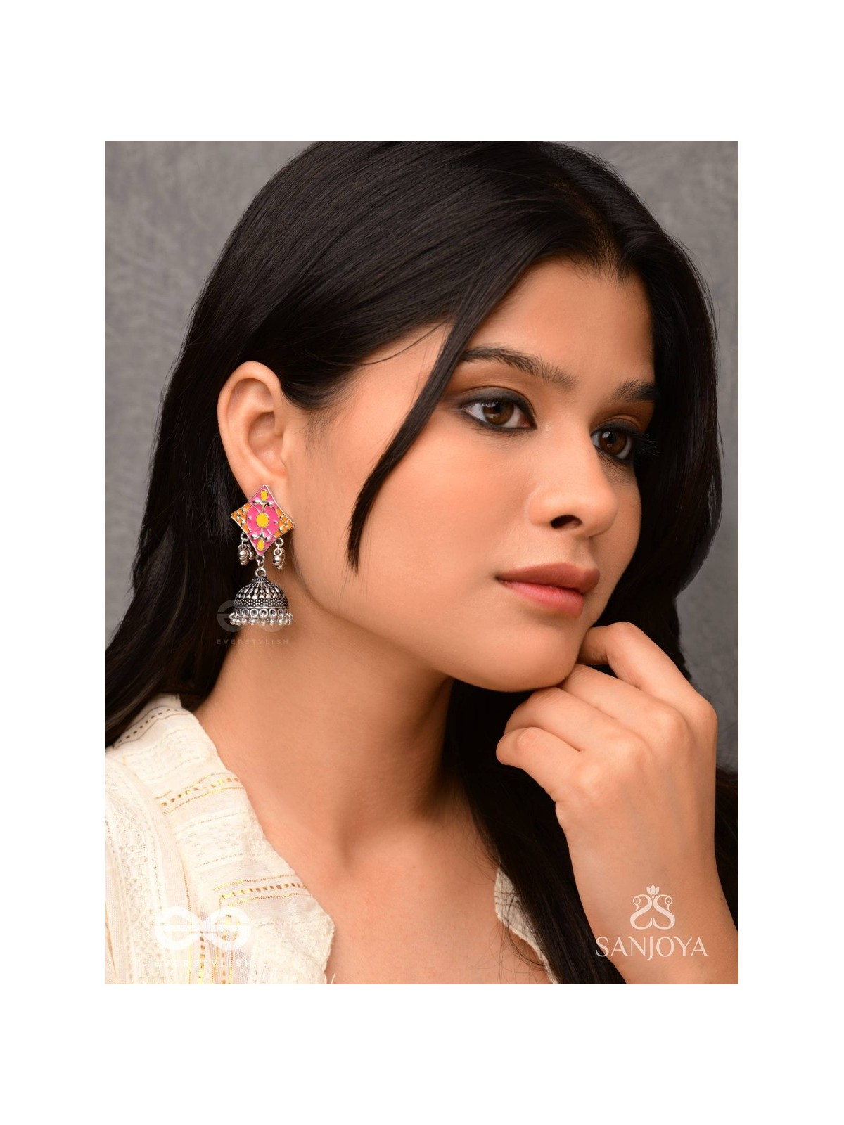 Melodies Of Twilight - Enamelled Oxidised Jhumka Earrings