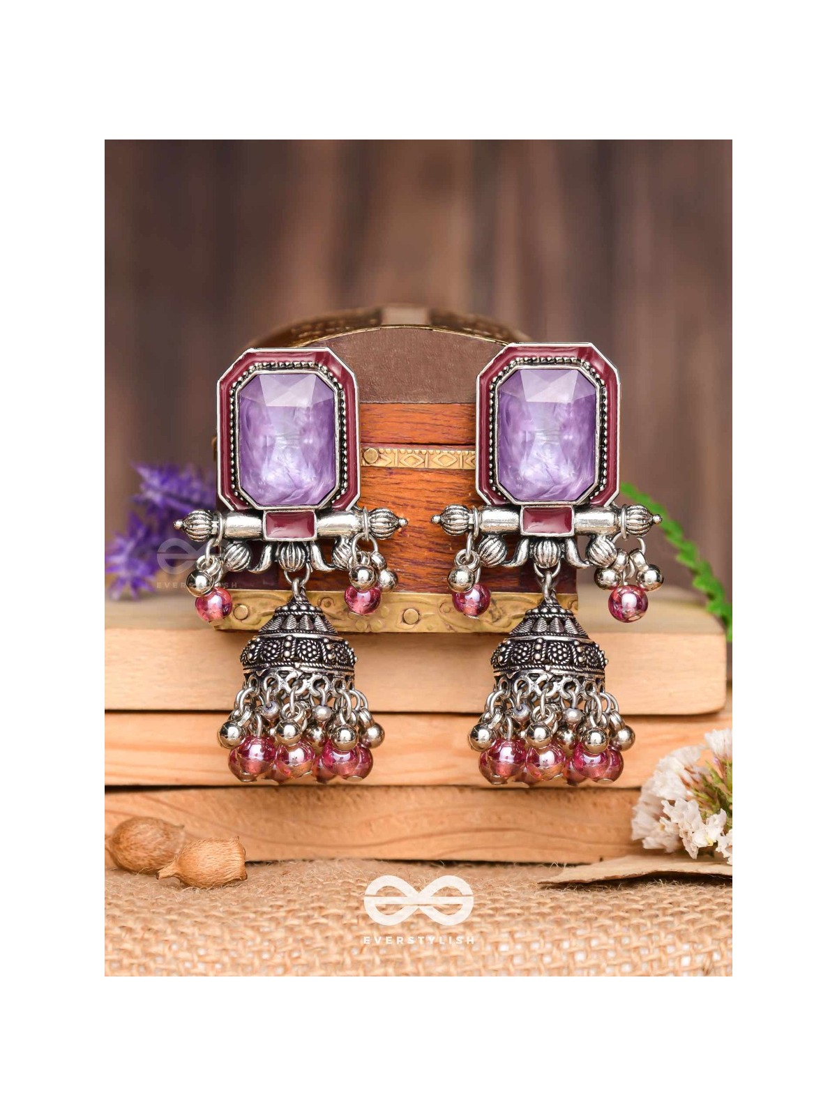 Seasons Of Lavender - Stone Enamelled Oxidised Jhumka Earrings