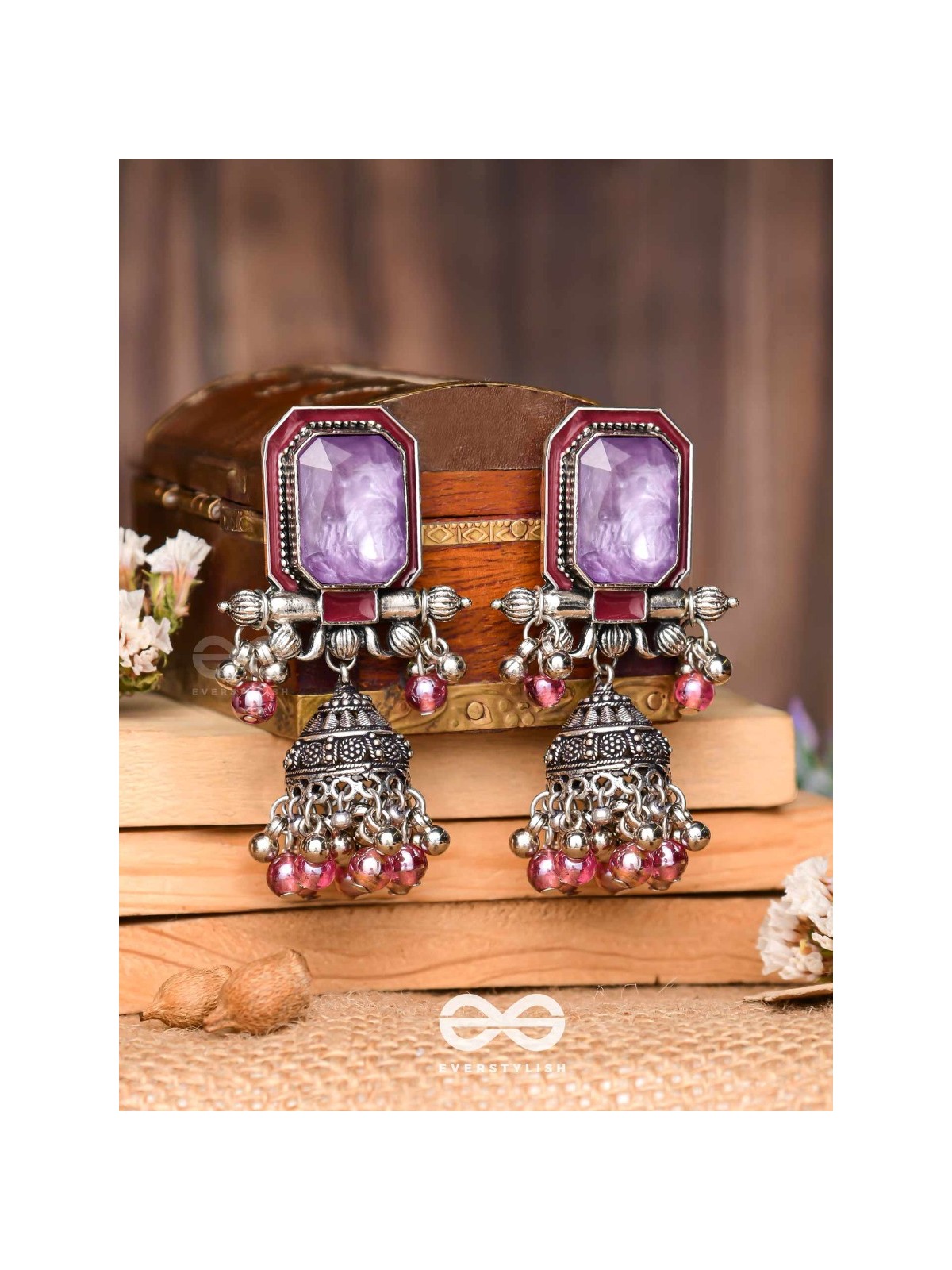 Seasons Of Lavender - Stone Enamelled Oxidised Jhumka Earrings