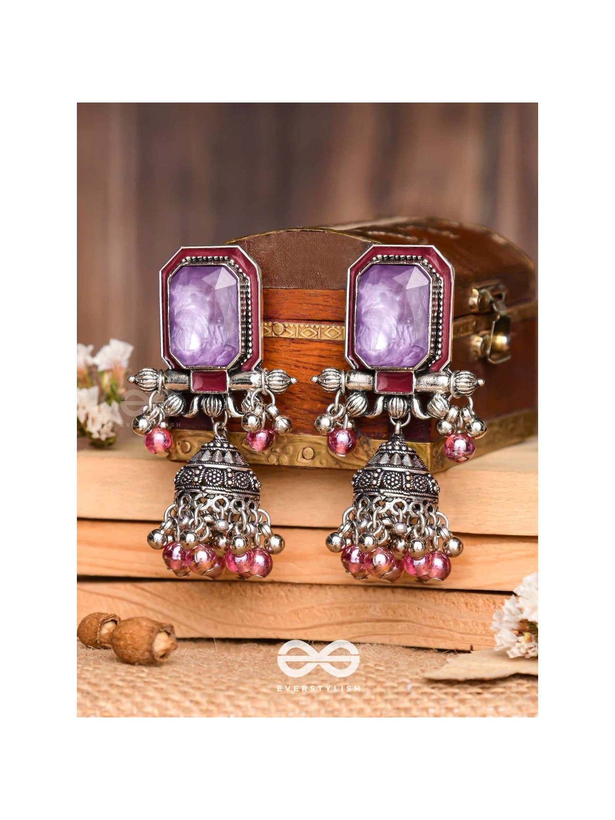 Seasons Of Lavender - Stone Enamelled Oxidised Jhumka Earrings
