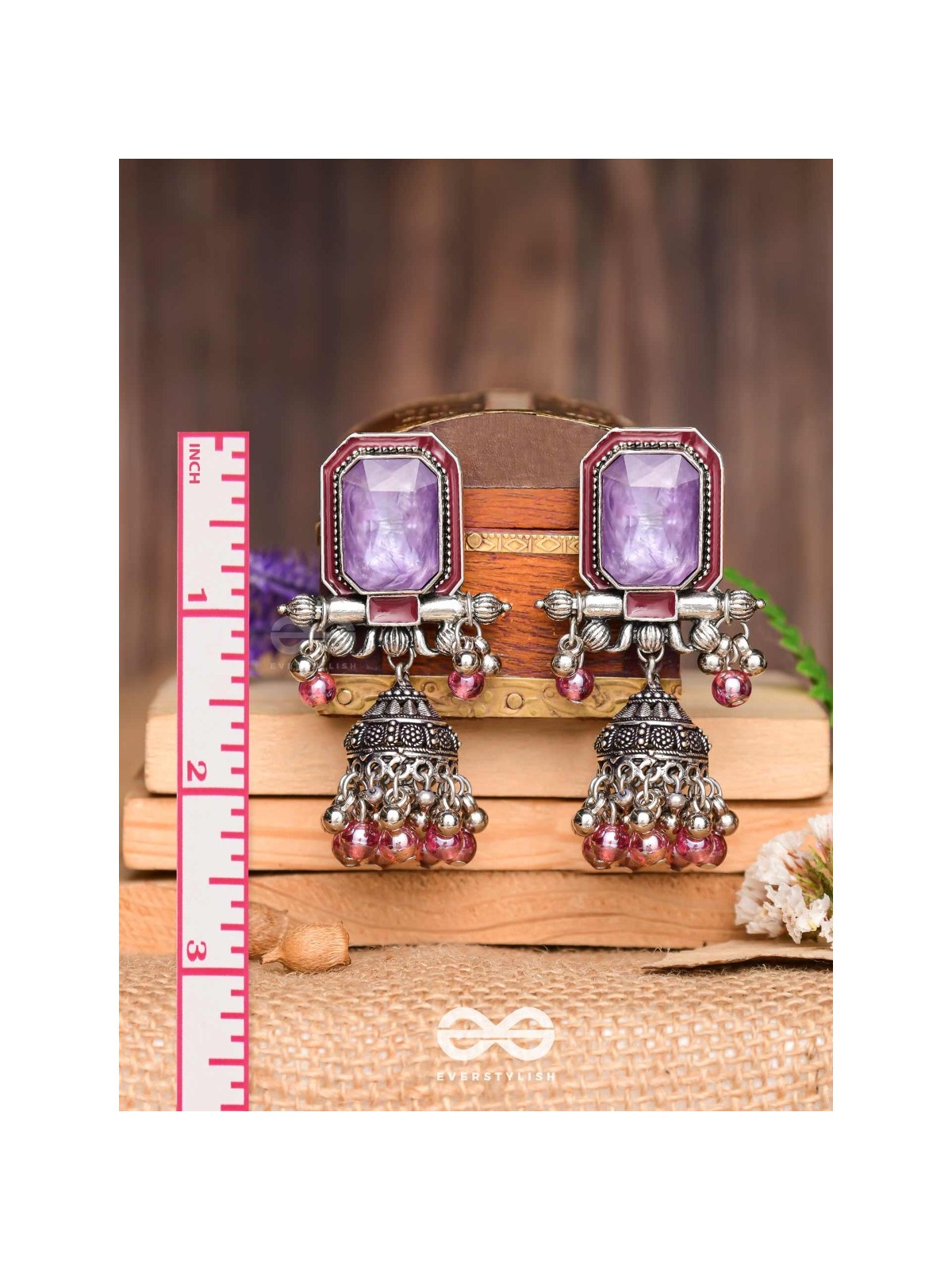 Seasons Of Lavender - Stone Enamelled Oxidised Jhumka Earrings