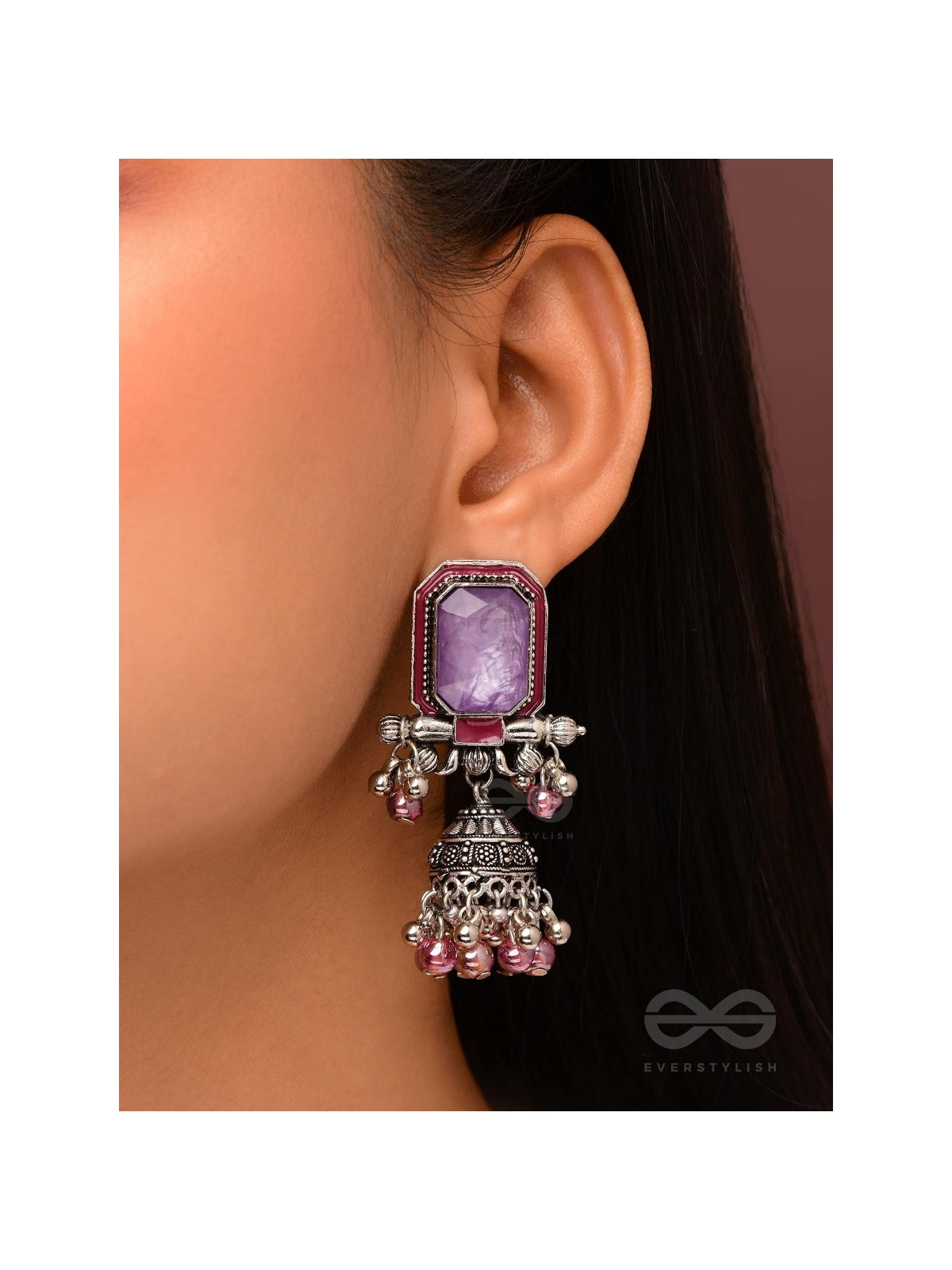 Seasons Of Lavender - Stone Enamelled Oxidised Jhumka Earrings