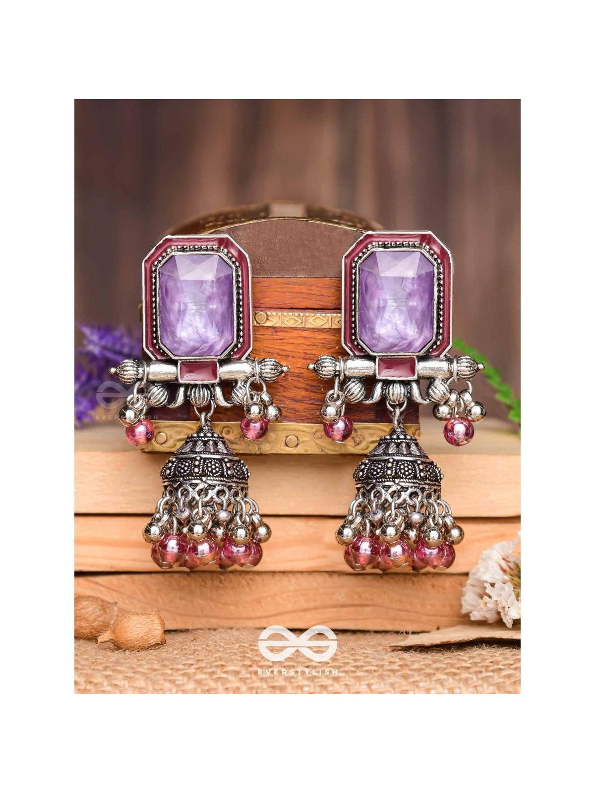 Seasons Of Lavender - Stone Enamelled Oxidised Jhumka Earrings