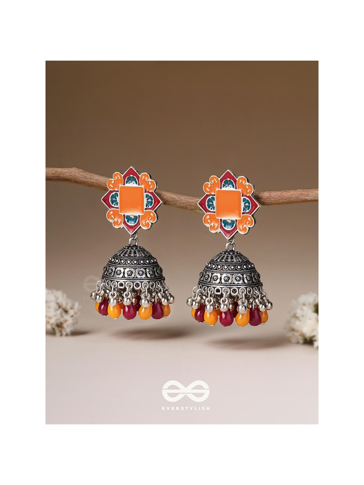 The Warm Hues - Enamelled Oxidised Jhumka Earrings