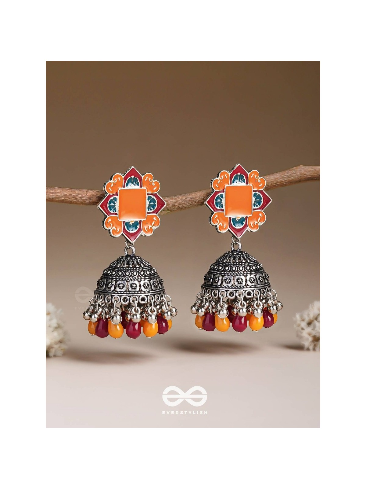 The Warm Hues - Enamelled Oxidised Jhumka Earrings