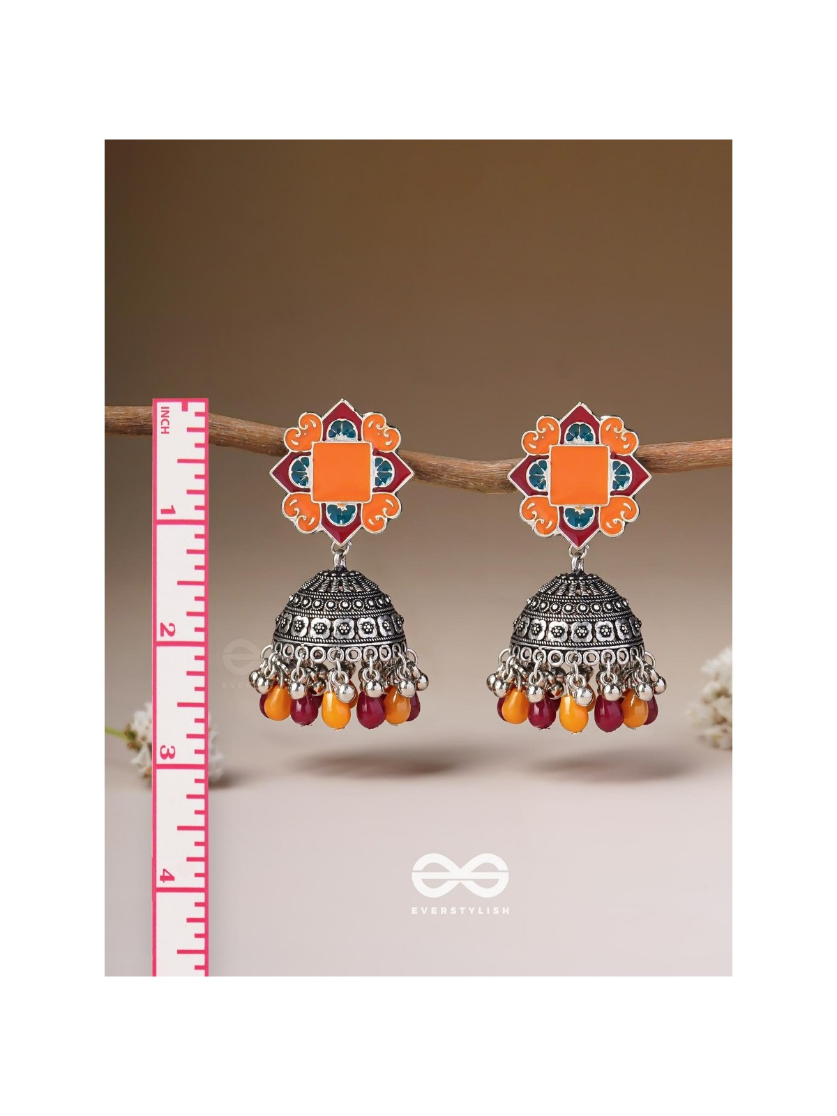 The Warm Hues - Enamelled Oxidised Jhumka Earrings