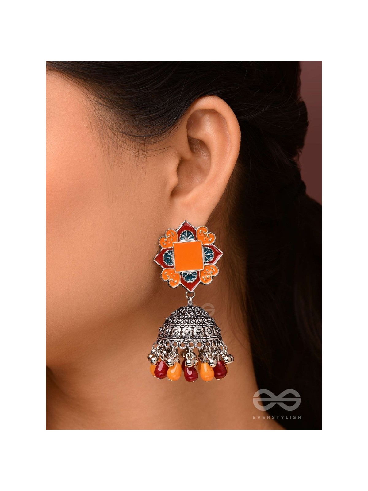 The Warm Hues - Enamelled Oxidised Jhumka Earrings