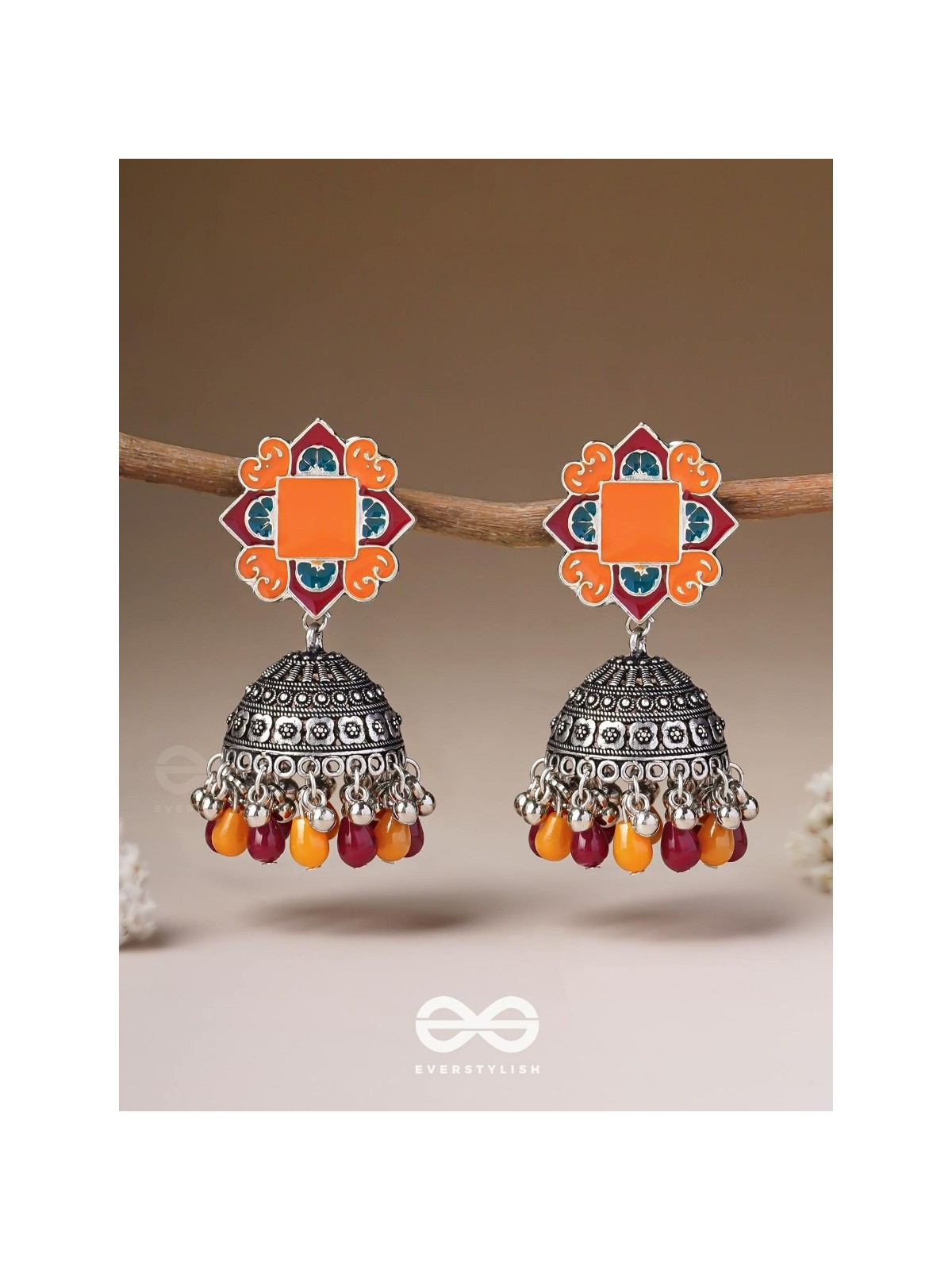 The Warm Hues - Enamelled Oxidised Jhumka Earrings