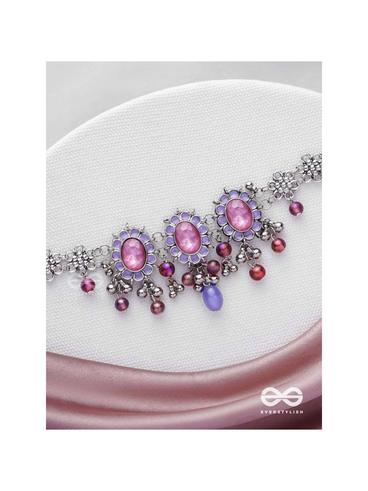 The Flowery Essence - Stone And Glass Drops Enamelled Oxidised Neckpiece