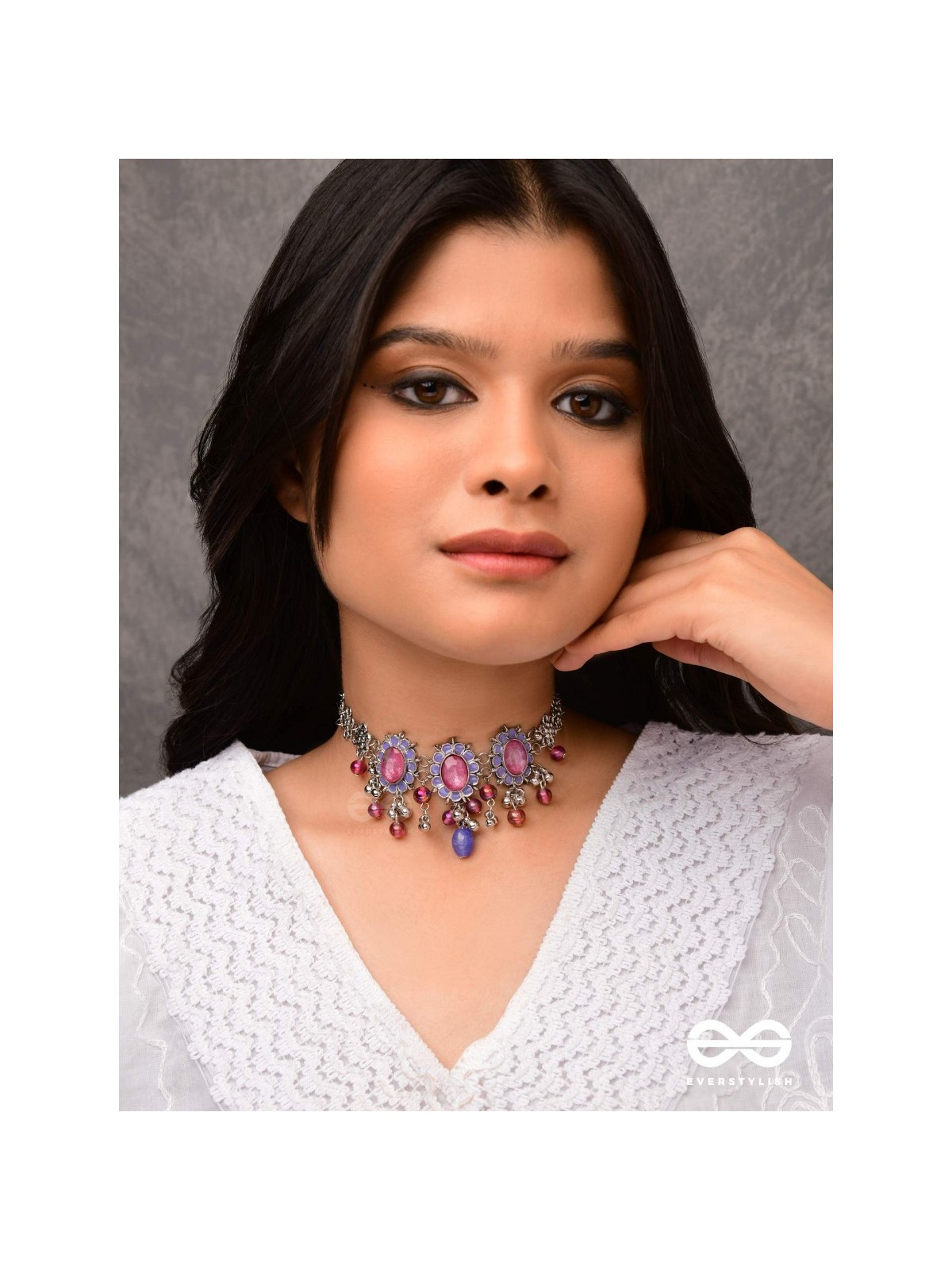 The Flowery Essence - Stone And Glass Drops Enamelled Oxidised Neckpiece