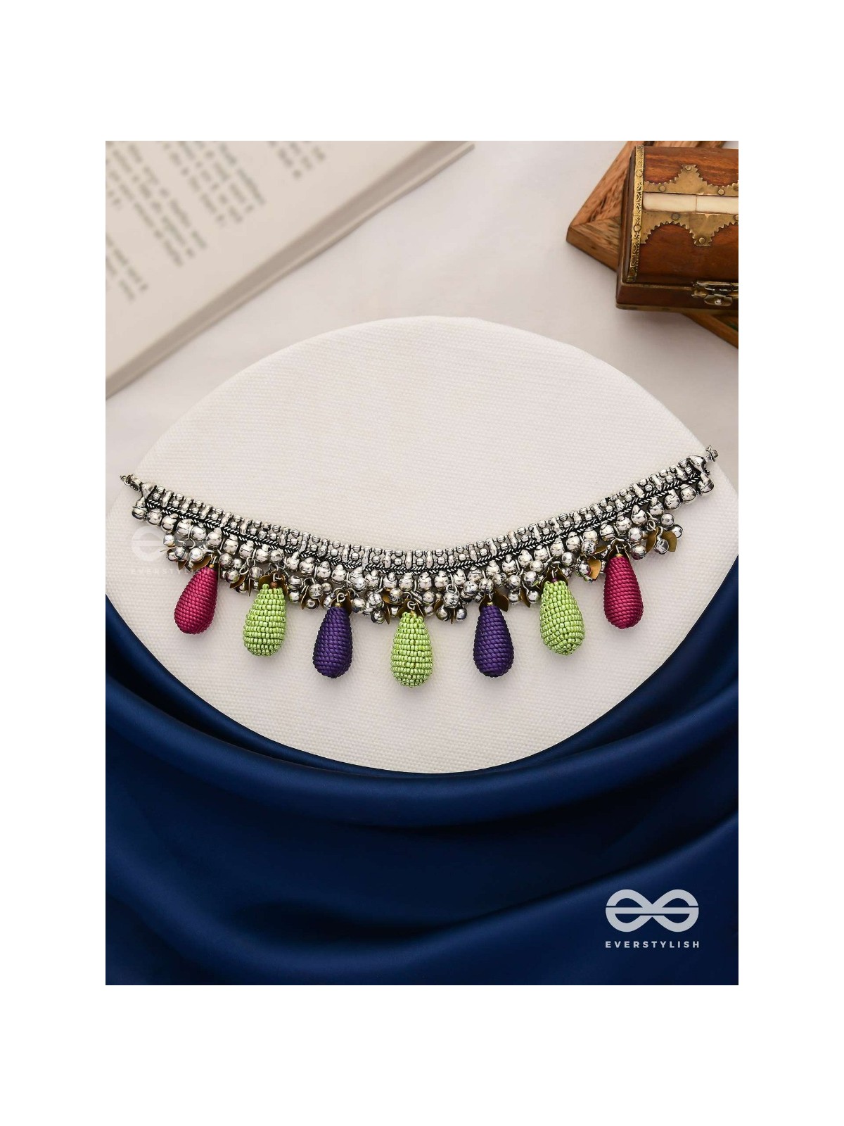 Drops Of Intricacy - Beads And Coins Oxidised Hand Embroidered Choker Neckpiece