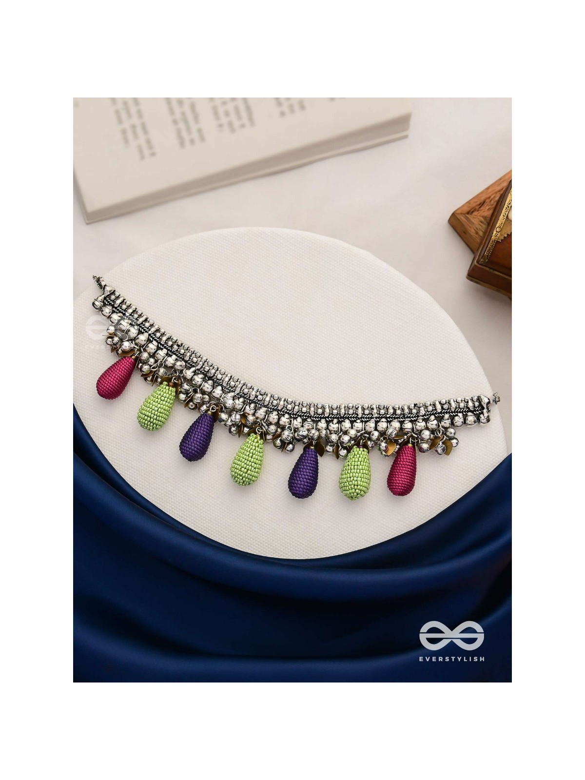 Drops Of Intricacy - Beads And Coins Oxidised Hand Embroidered Choker Neckpiece