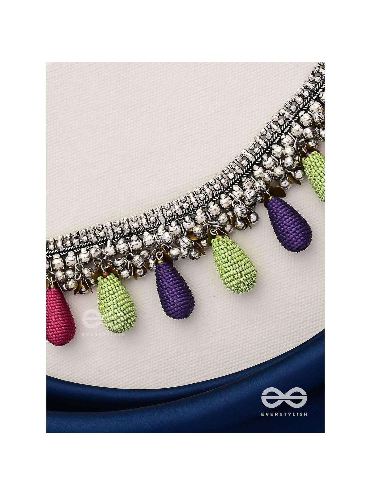 Drops Of Intricacy - Beads And Coins Oxidised Hand Embroidered Choker Neckpiece