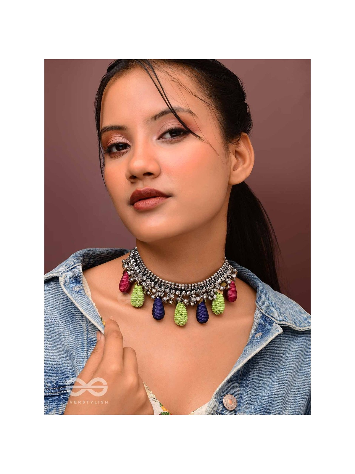 Drops Of Intricacy - Beads And Coins Oxidised Hand Embroidered Choker Neckpiece