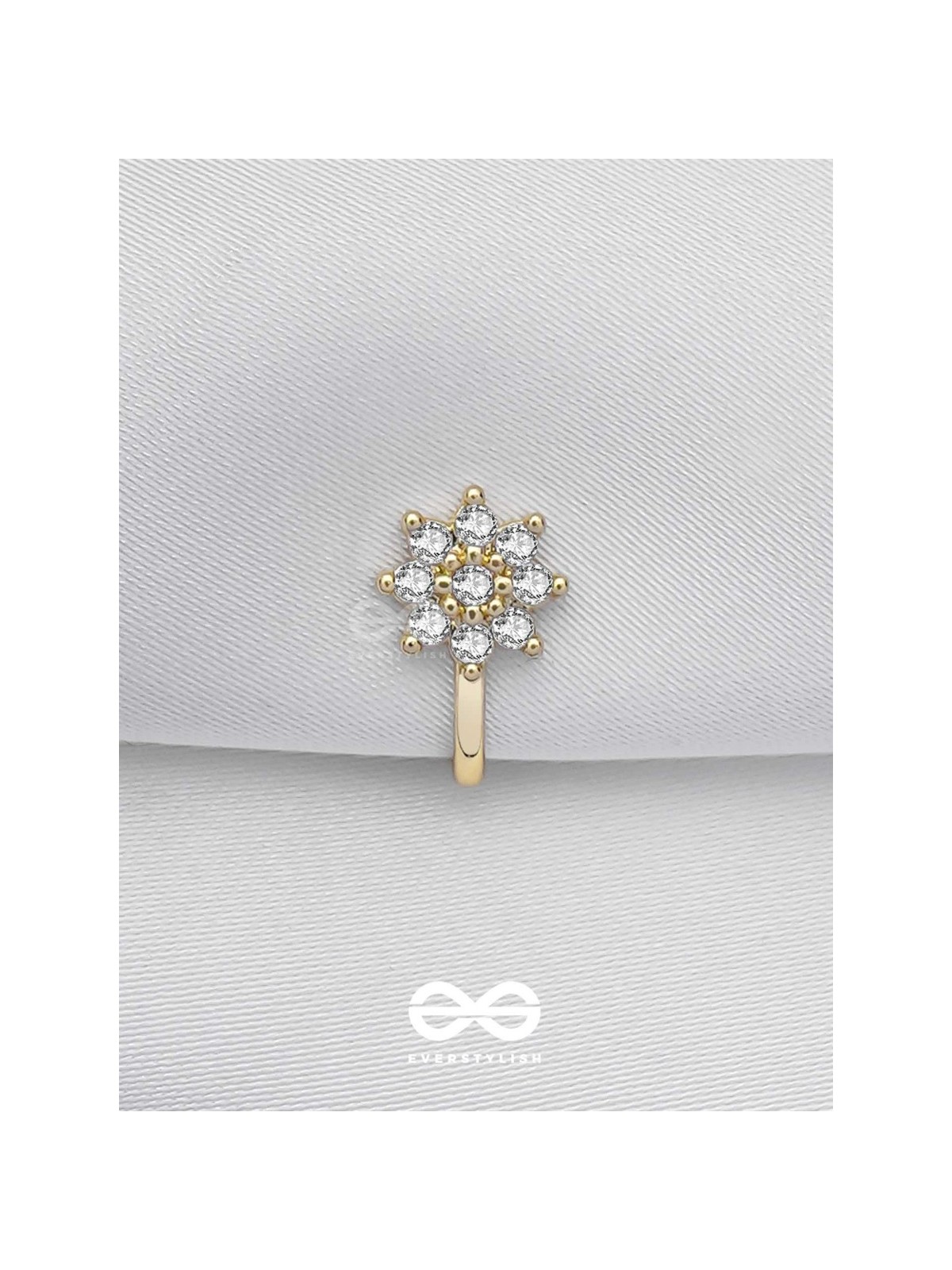 The Embedded Flower - Golden Cubic Zirconia NoseRing (NON-PIERCING)