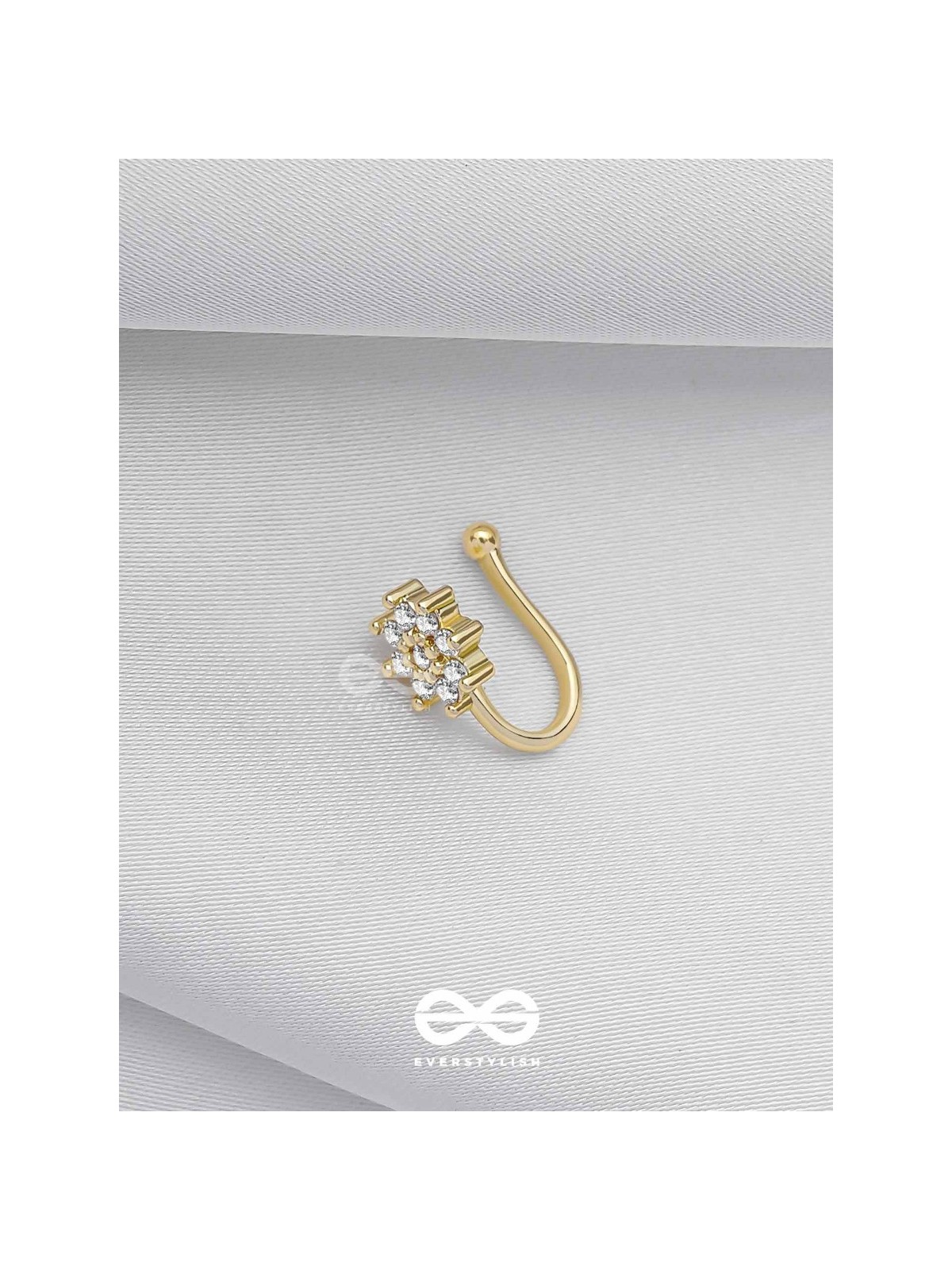 The Embedded Flower - Golden Cubic Zirconia NoseRing (NON-PIERCING)