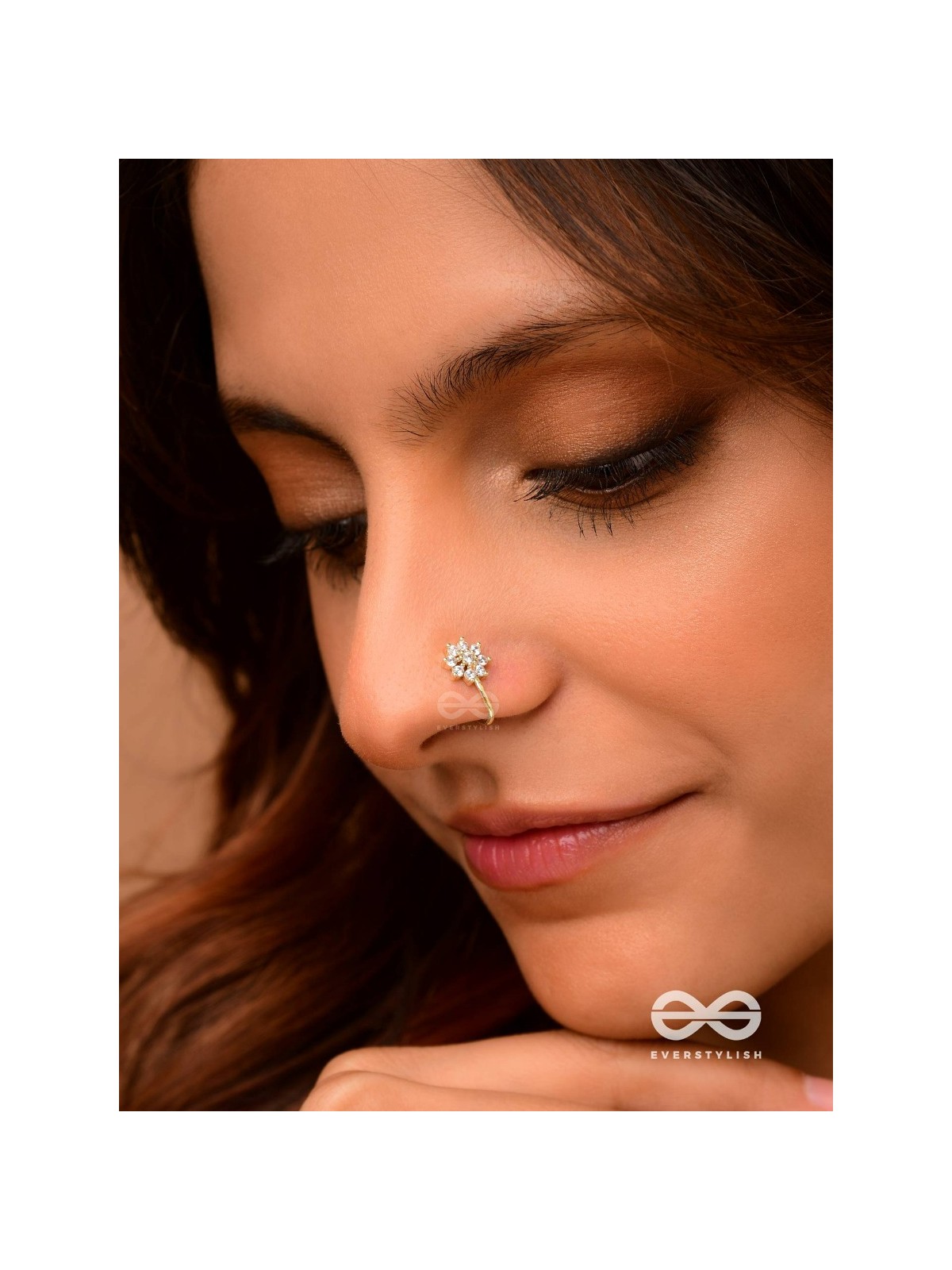 The Embedded Flower - Golden Cubic Zirconia NoseRing (NON-PIERCING)