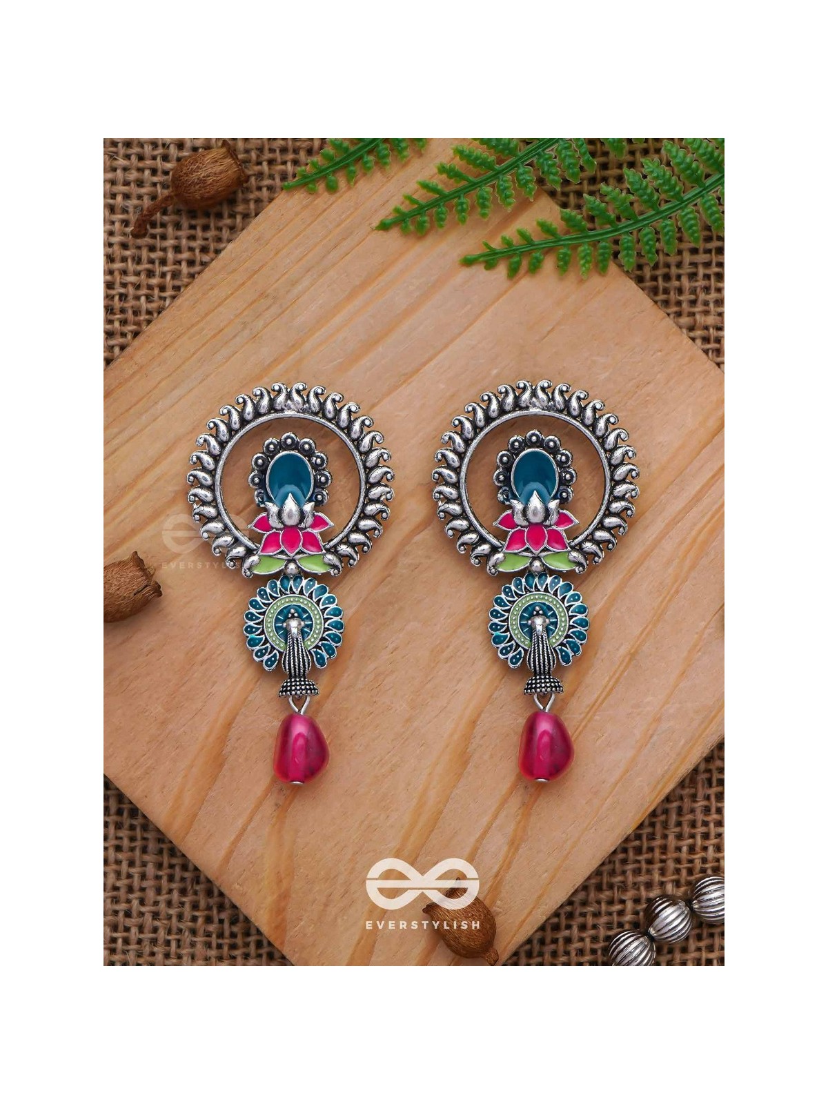 The Peacock Nelumbos - Enamelled Oxidised Earrings