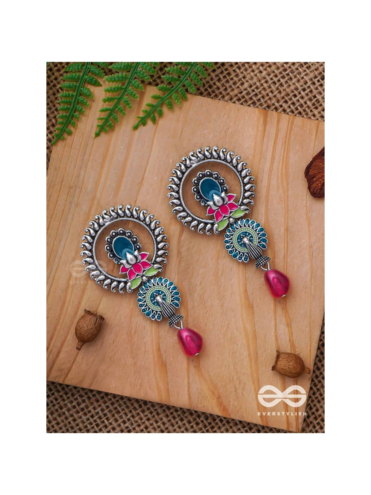 The Peacock Nelumbos - Enamelled Oxidised Earrings