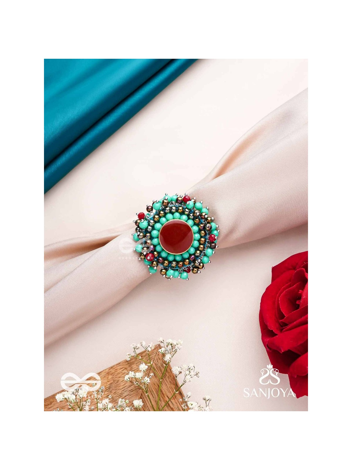 Sthavi - The Plum Vine - Stone And Beads Hand Embroidered Ring