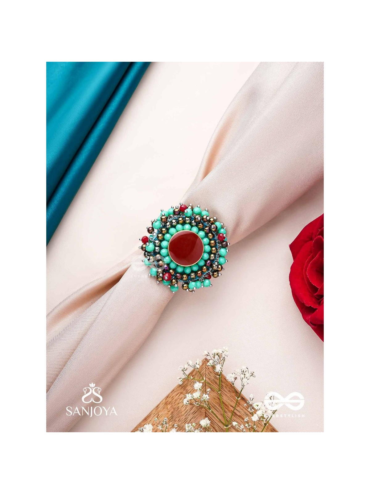 Sthavi - The Plum Vine - Stone And Beads Hand Embroidered Ring