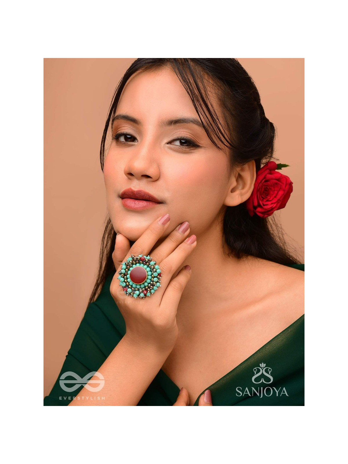 Sthavi - The Plum Vine - Stone And Beads Hand Embroidered Ring