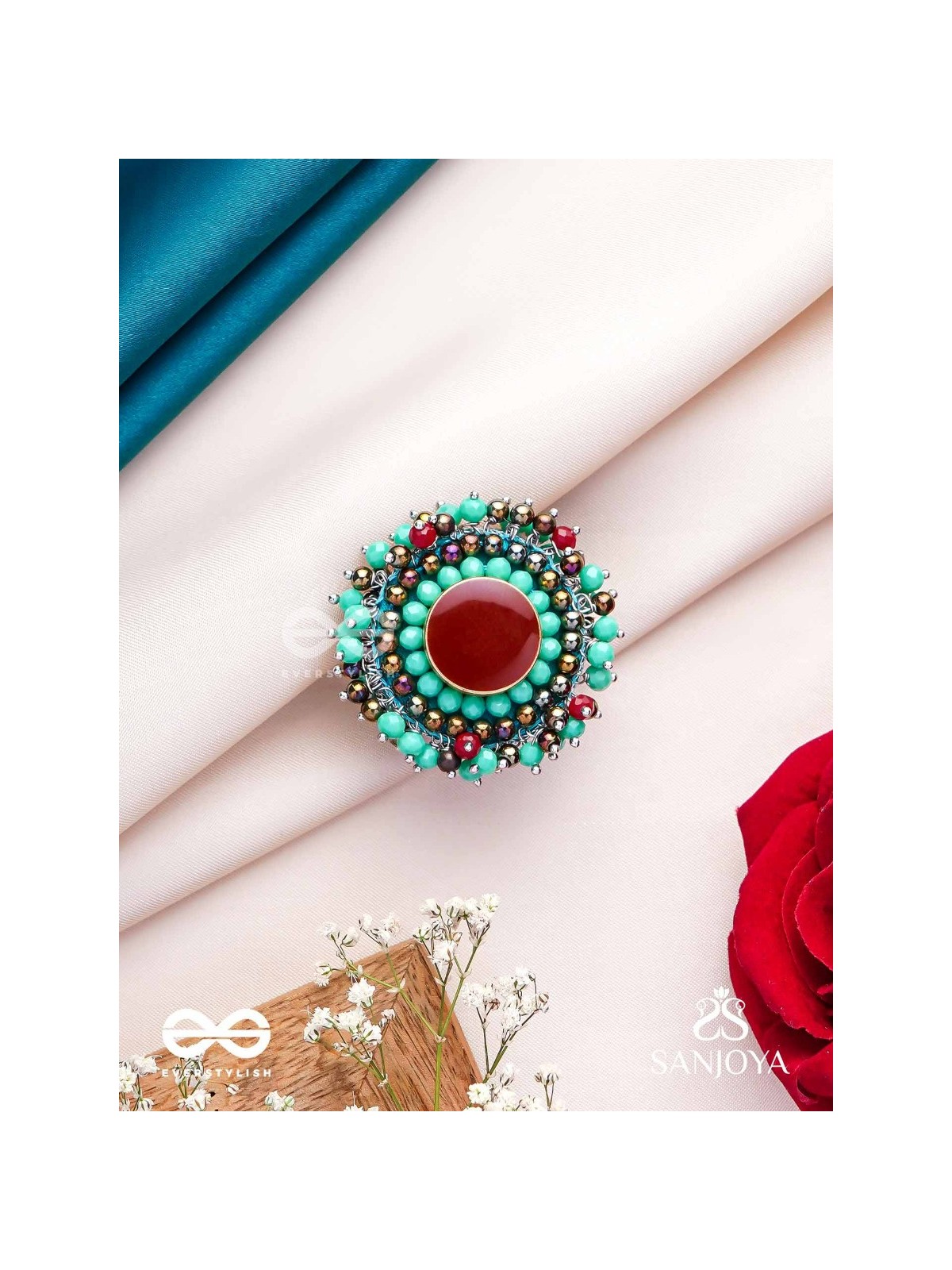 Sthavi - The Plum Vine - Stone And Beads Hand Embroidered Ring