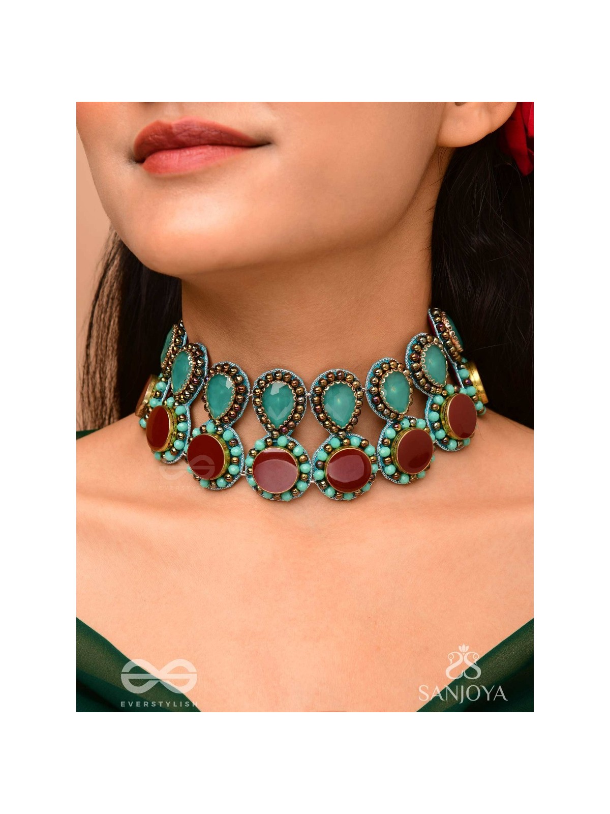 Palash - The Green Serenade - Stones And Beads Hand Embroidered Choker Neckpiece