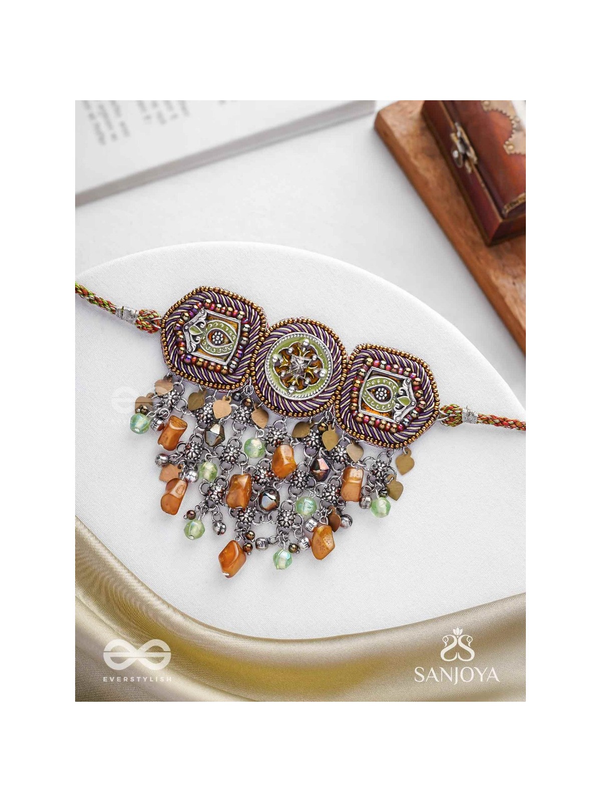 Adrikila - The Earth-Bound - Resham, Dabka And Glass Drops Hand Embroidered Oxidised Choker Neckpiece