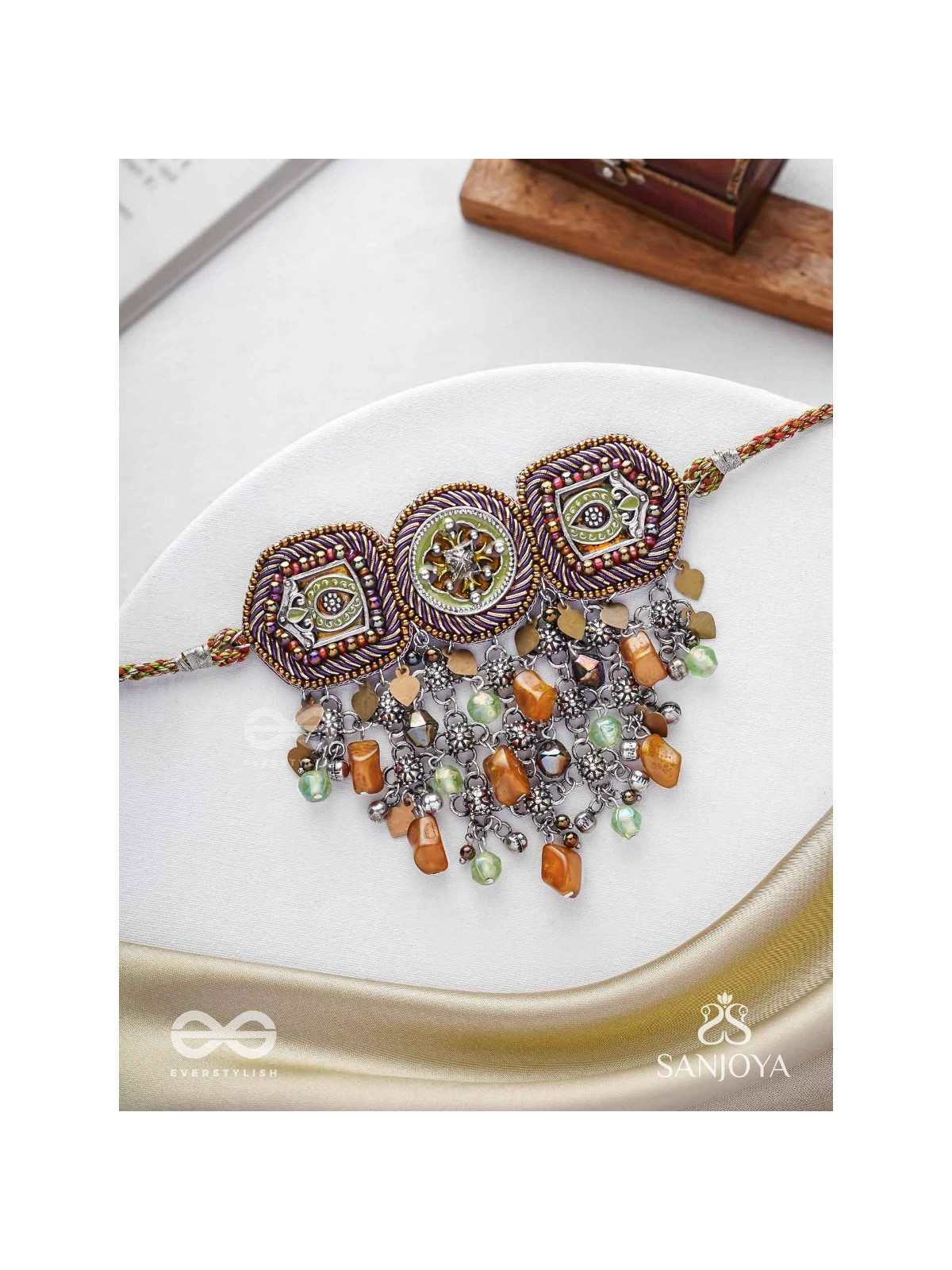 Adrikila - The Earth-Bound - Resham, Dabka And Glass Drops Hand Embroidered Oxidised Choker Neckpiece