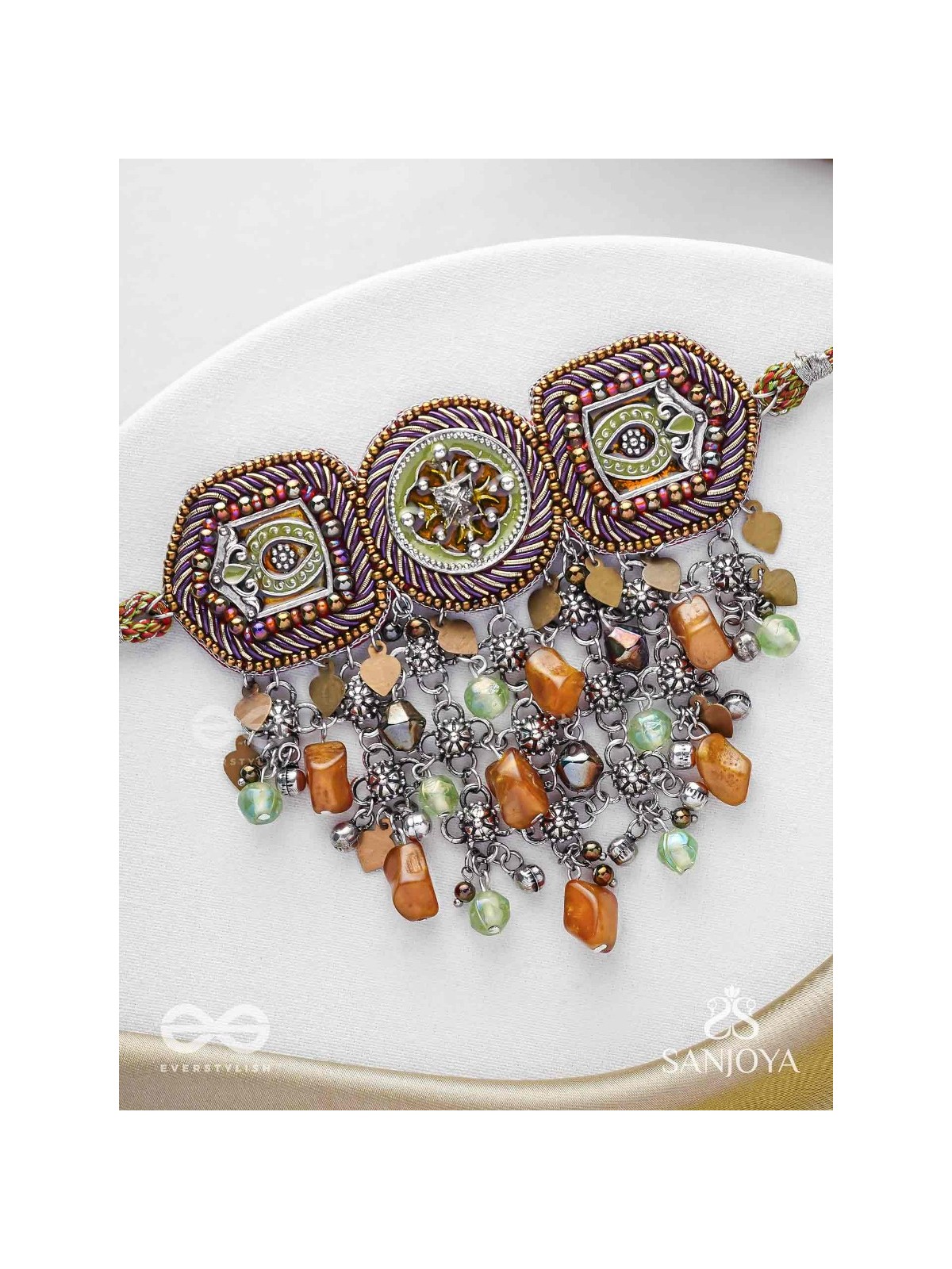 Adrikila - The Earth-Bound - Resham, Dabka And Glass Drops Hand Embroidered Oxidised Choker Neckpiece