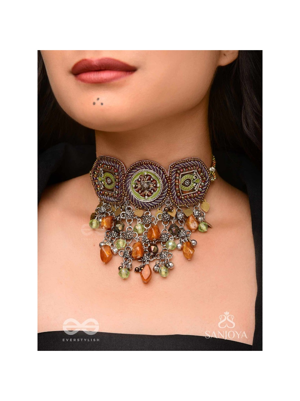Adrikila - The Earth-Bound - Resham, Dabka And Glass Drops Hand Embroidered Oxidised Choker Neckpiece