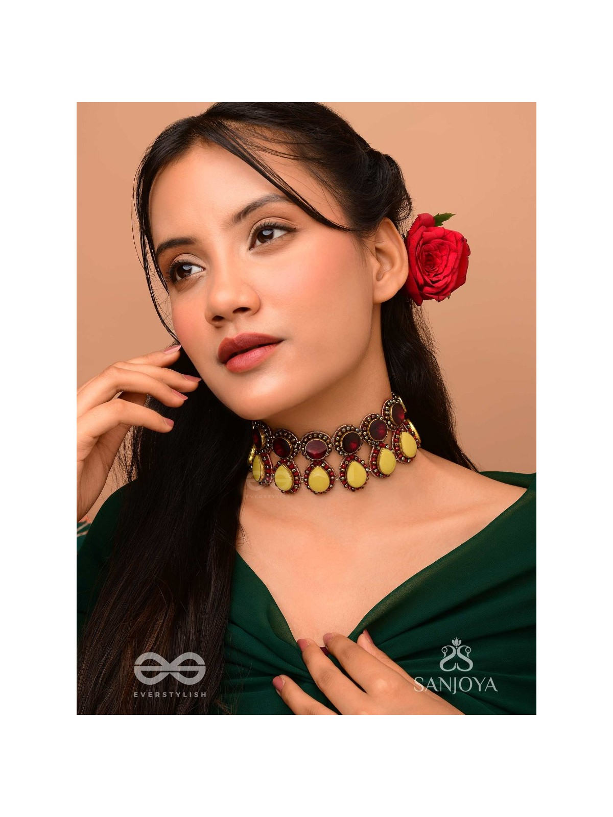 Rasvatta - The Olive Elegance - Stones And Beads Hand Embroidered Choker Neckpiece