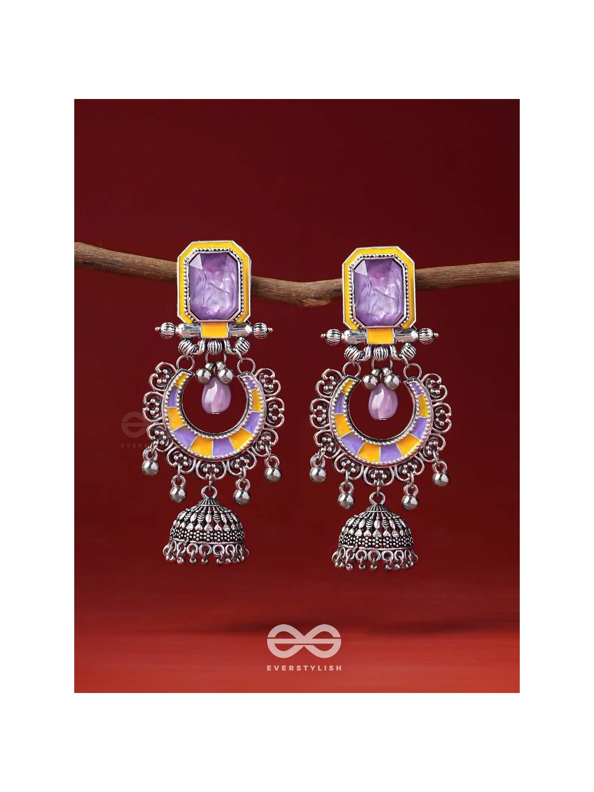 The Lavender Rays - Stone Enamelled Oxidised Earrings