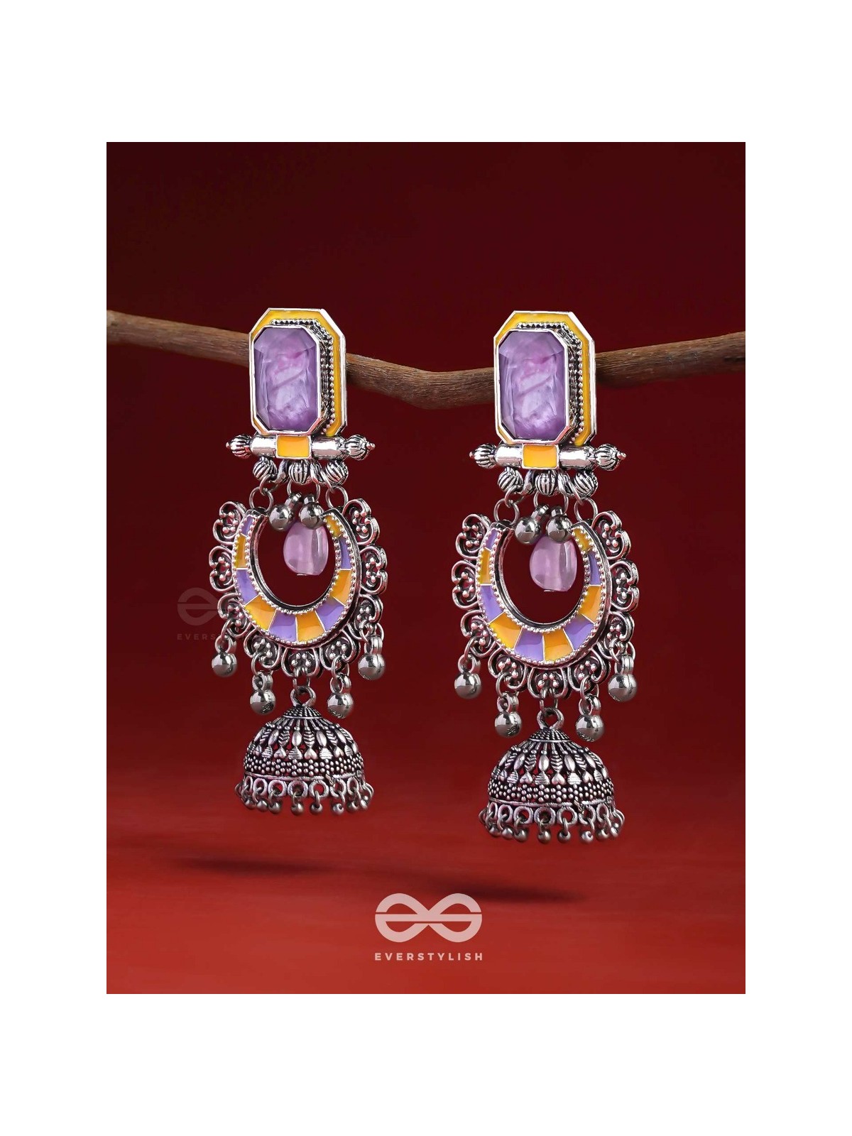 The Lavender Rays - Stone Enamelled Oxidised Earrings