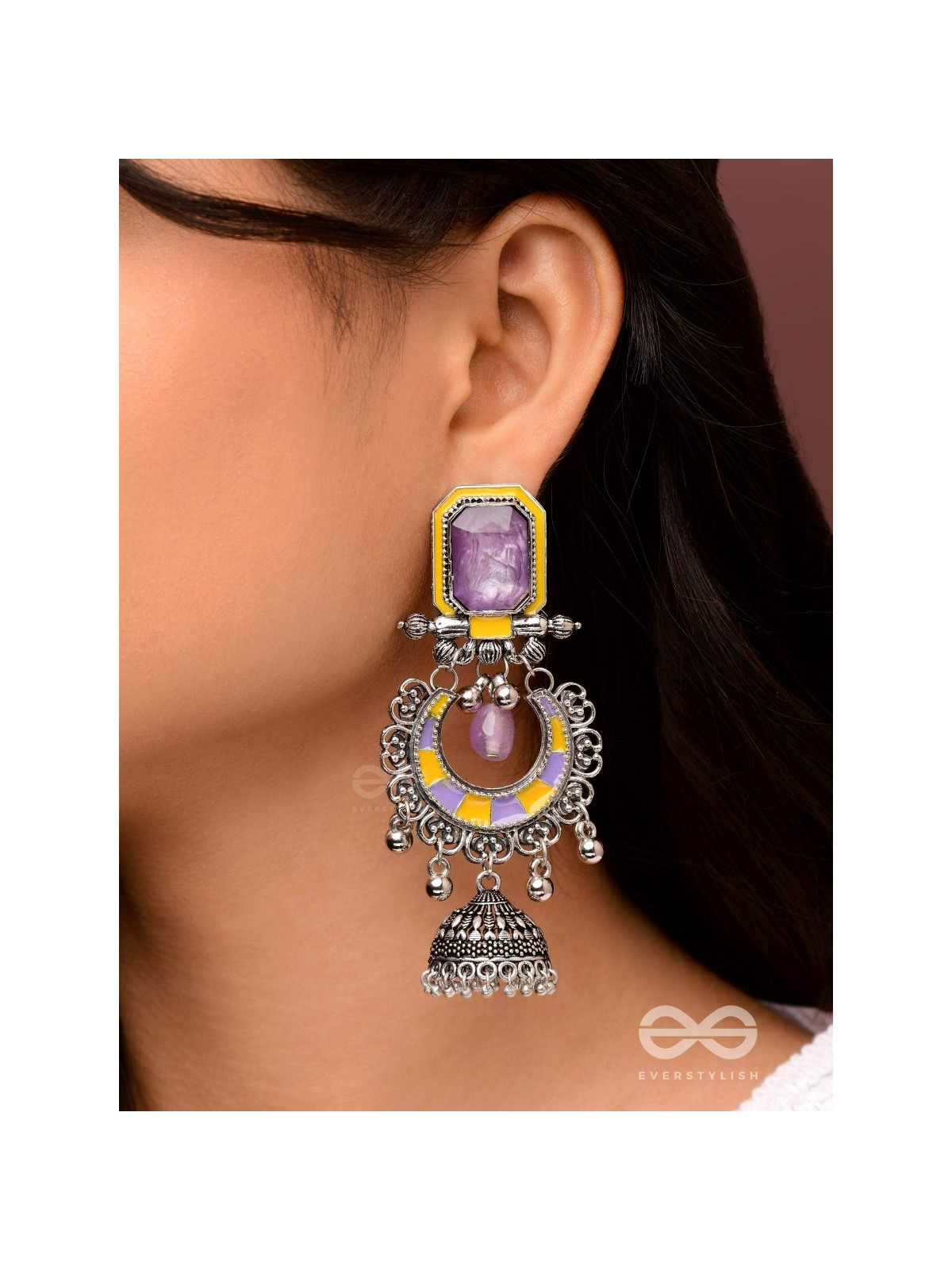 The Lavender Rays - Stone Enamelled Oxidised Earrings