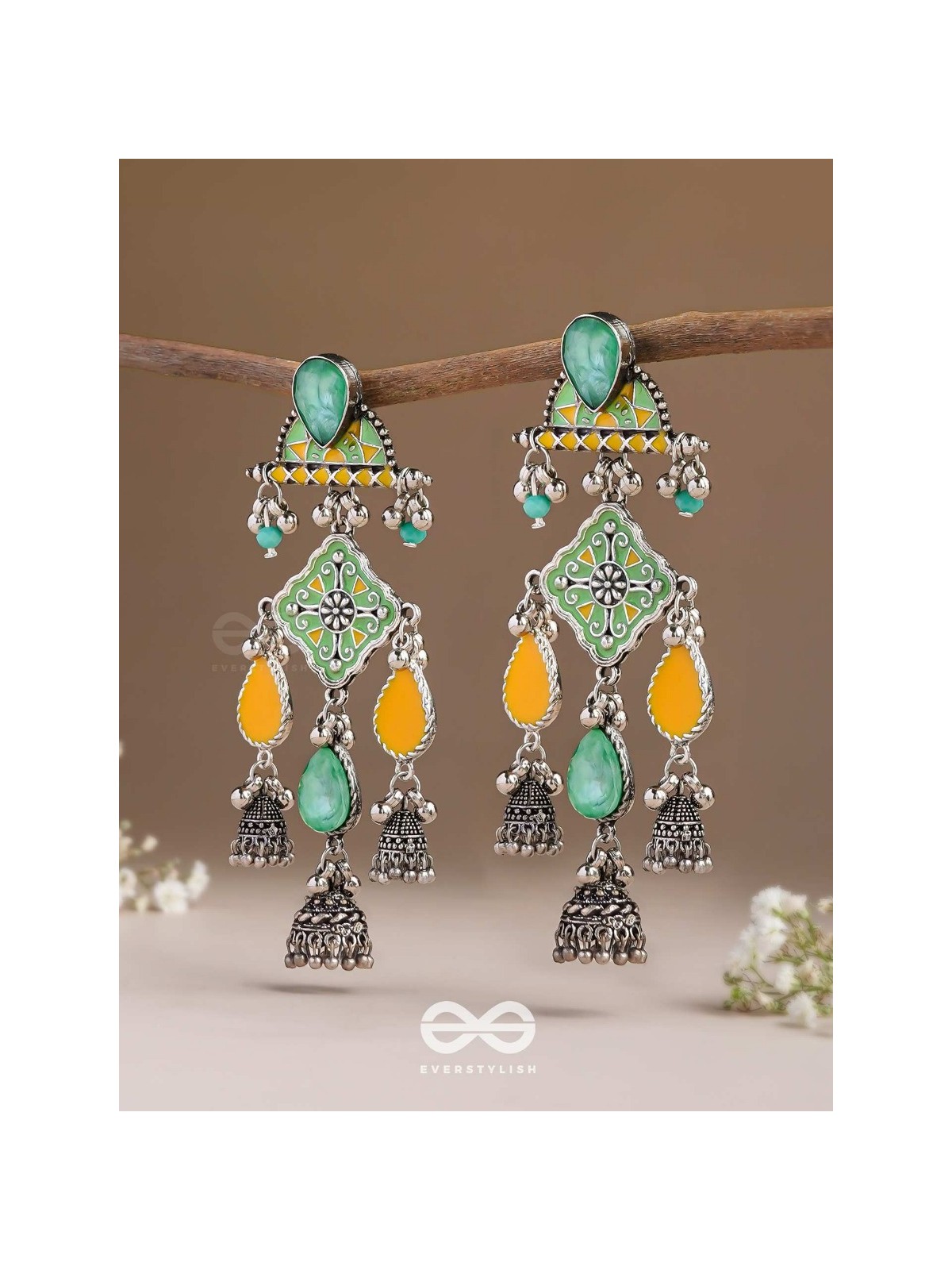 The Sunlit Grove - Stones Enamelled Oxidised Earrings