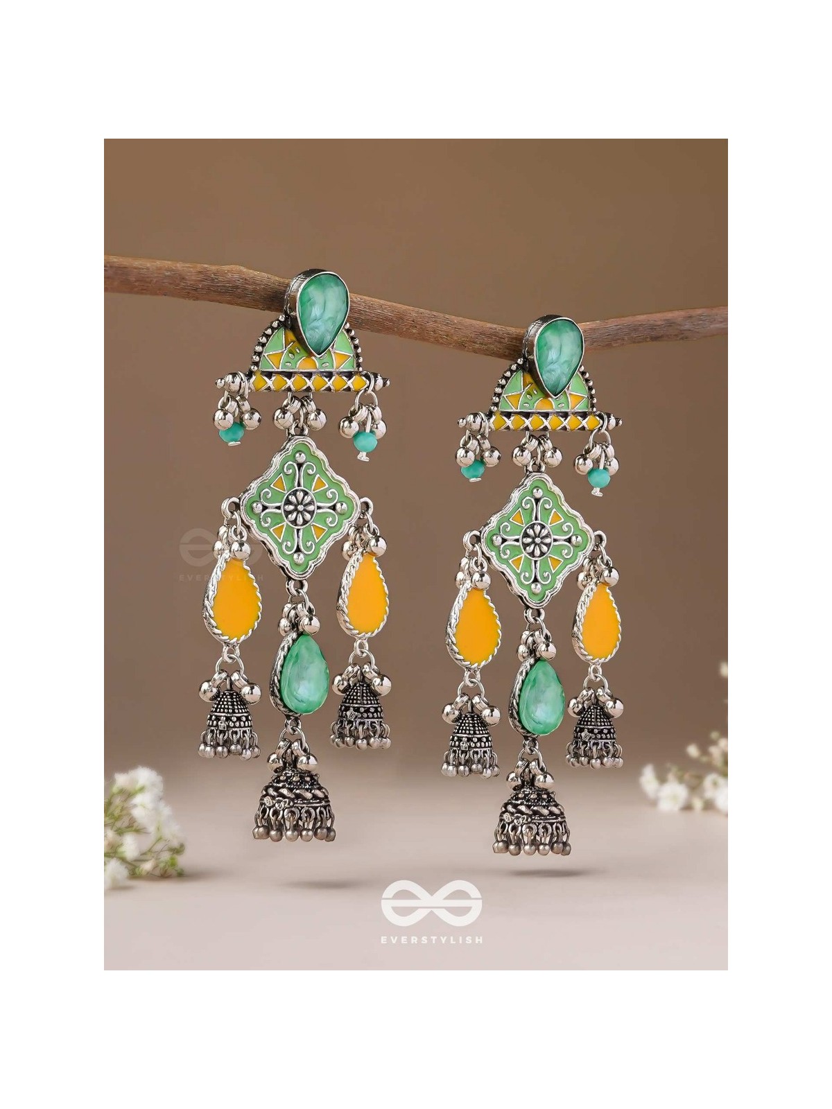 The Sunlit Grove - Stones Enamelled Oxidised Earrings